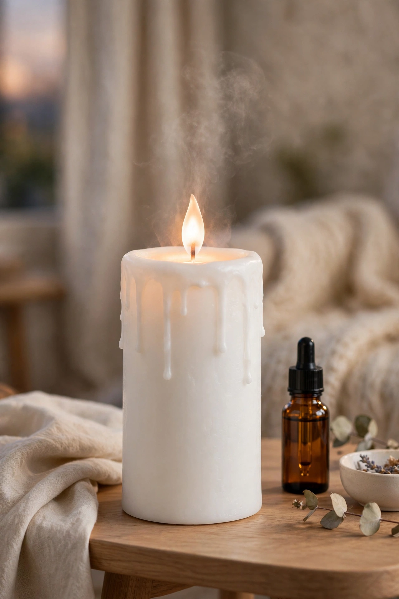 Flameless candle diffuser glowing like a real candle on a side table