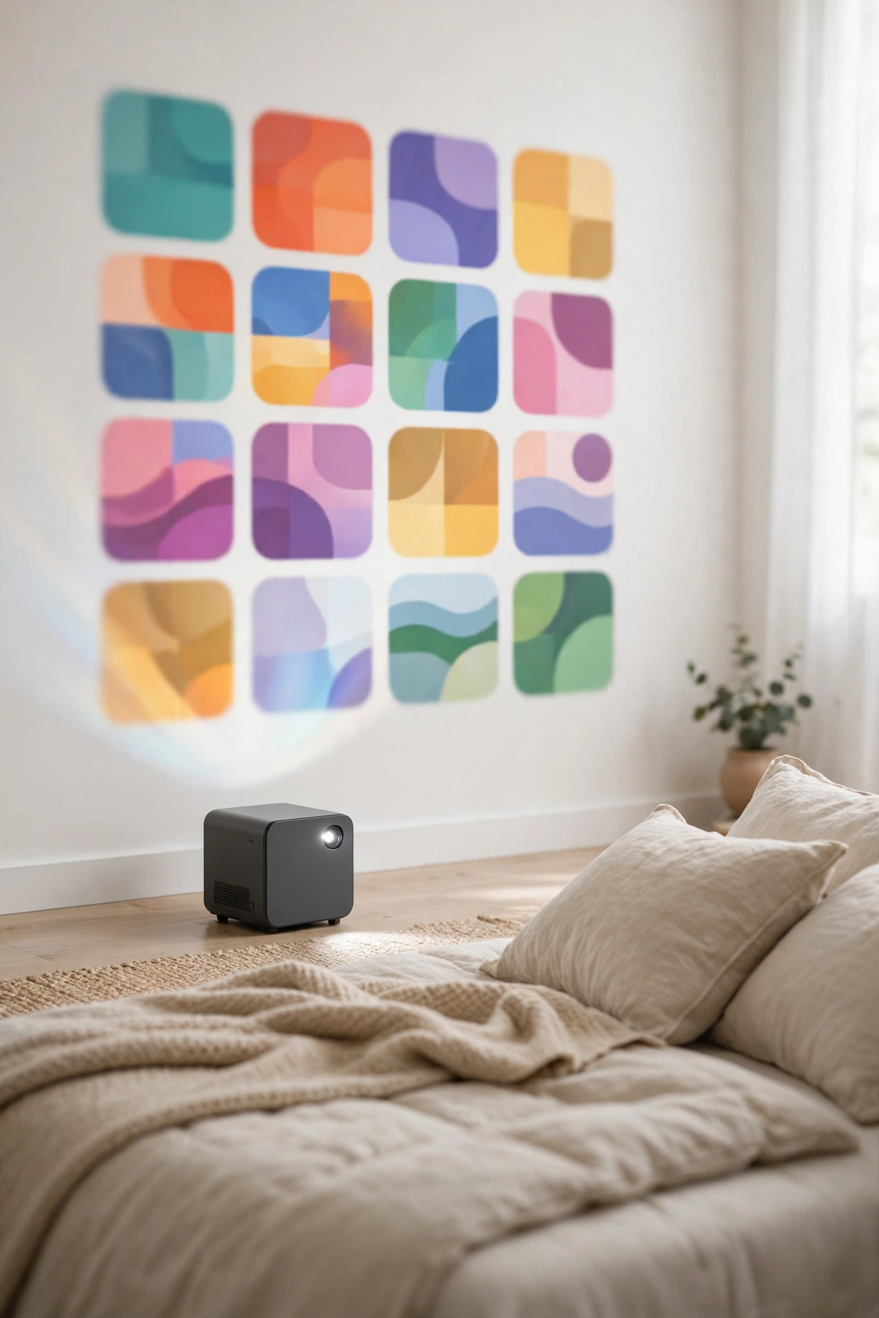 Compact smart projector beaming a streaming menu onto a bedroom wall