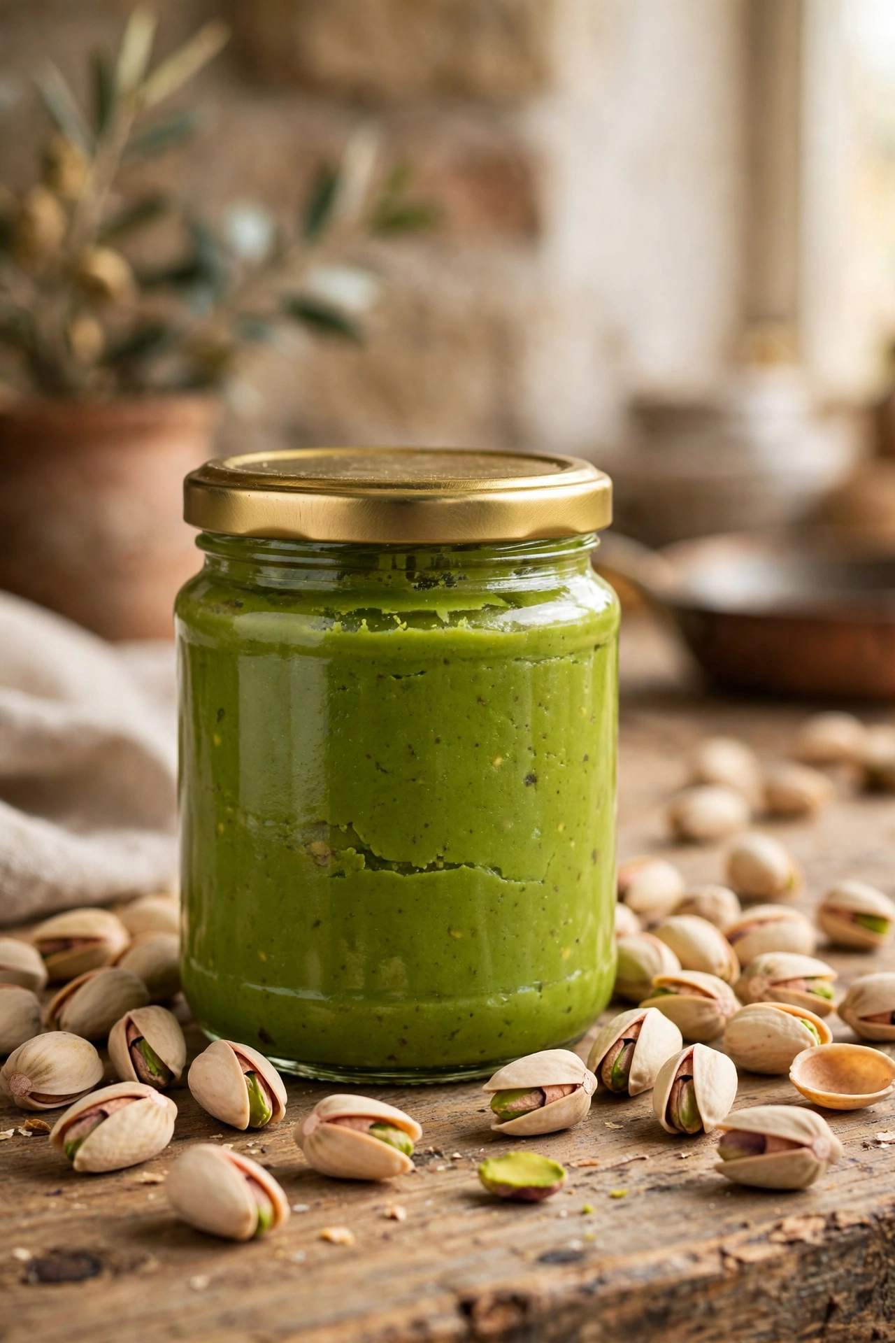 Jar of Sicilian pistachio paste with a gold lid beside pistachios