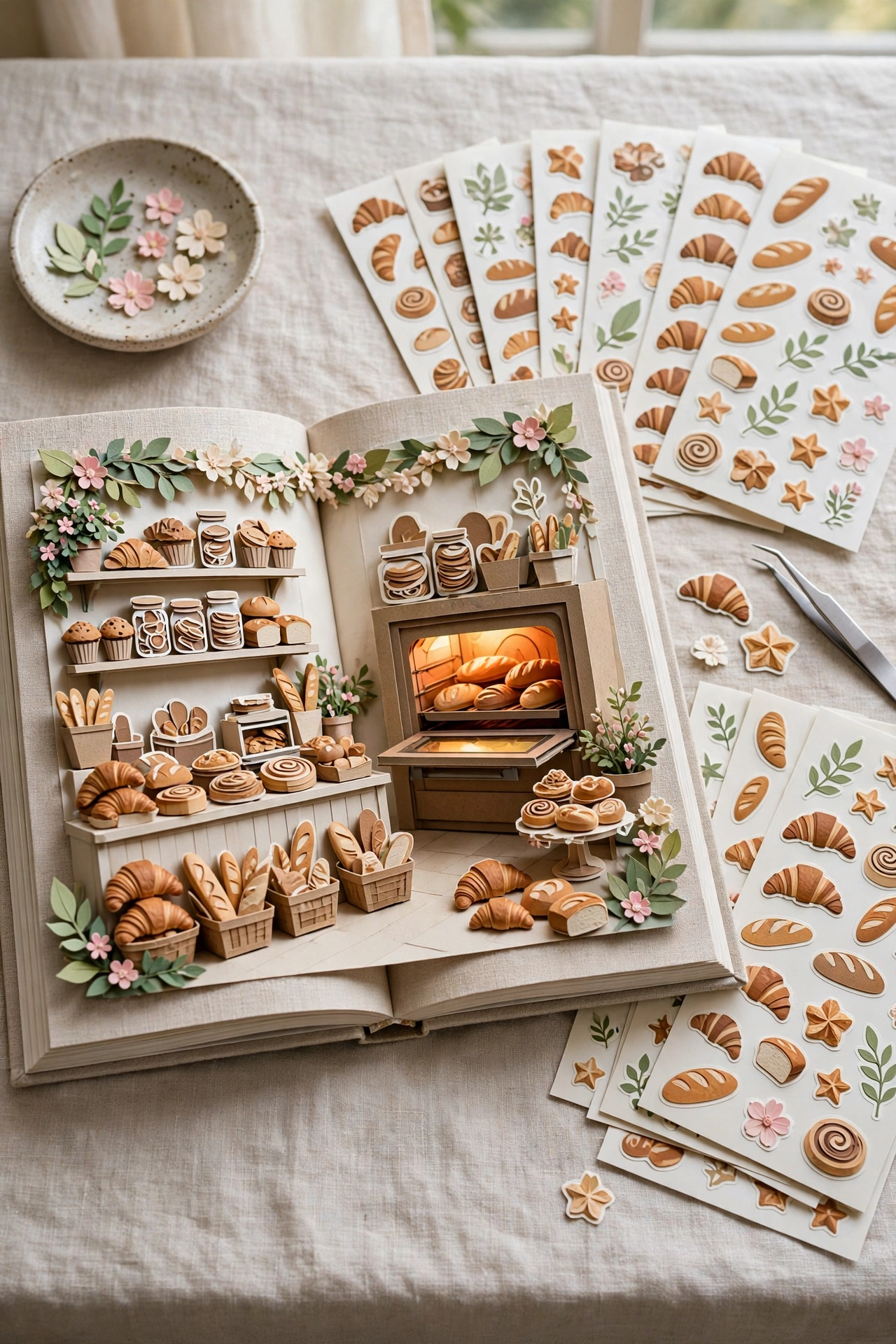 Open 3D sticker scene book showing a cozy miniature bakery scene
