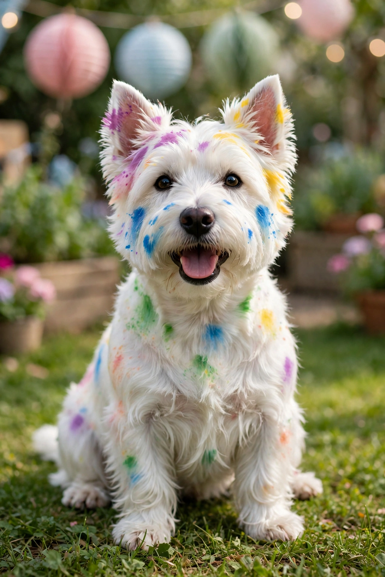 Dog with colorful temporary dye patterns on its white fur