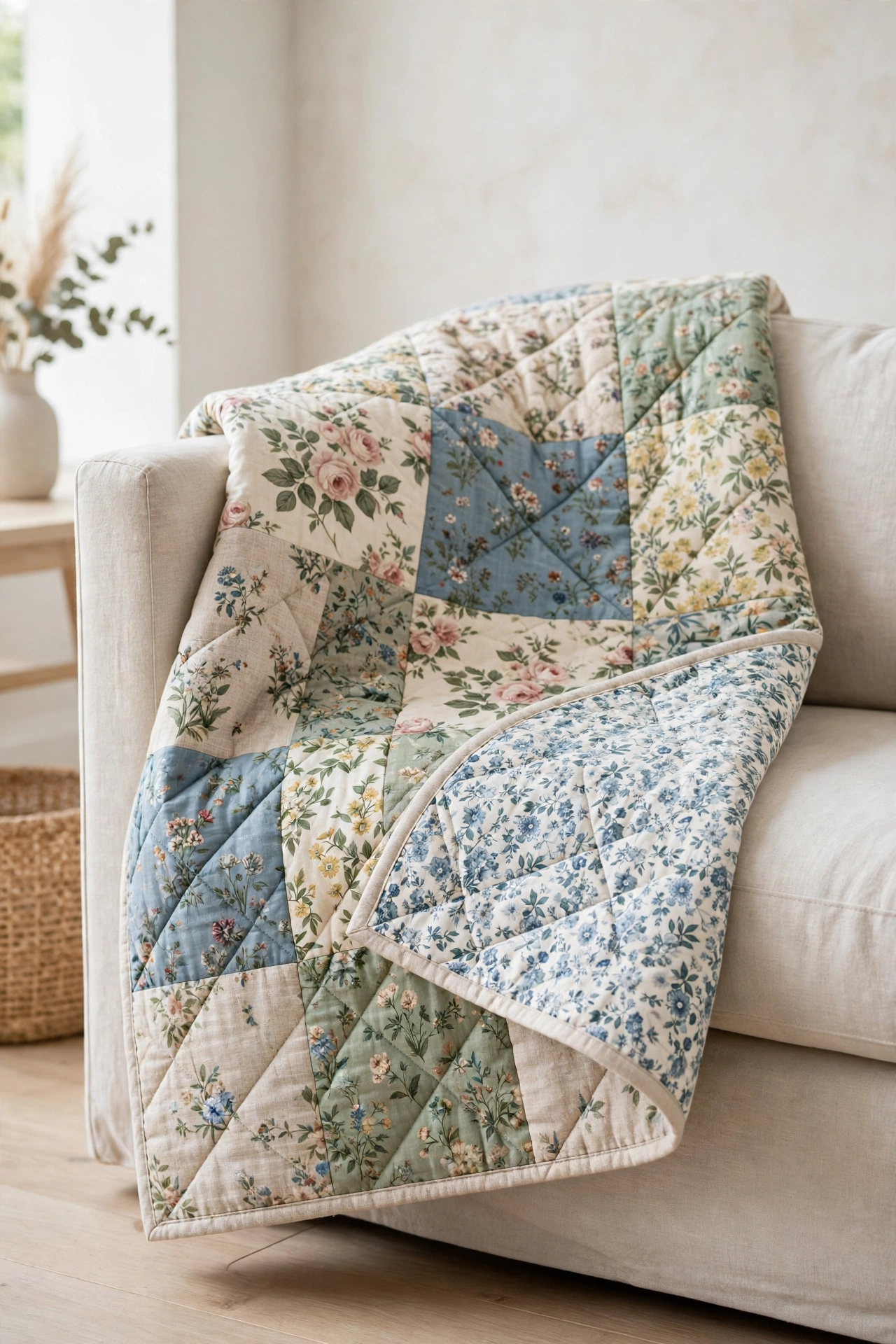 Reversible floral patchwork quilted throw draped over a sofa
