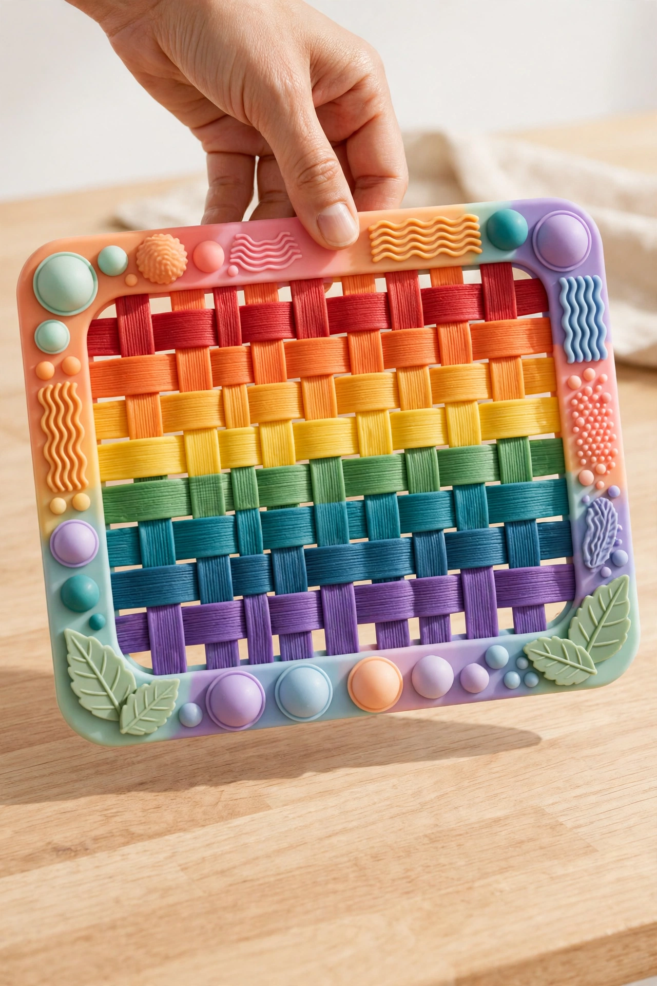 Colorful PushPeel silicone sensory activity board in a hand