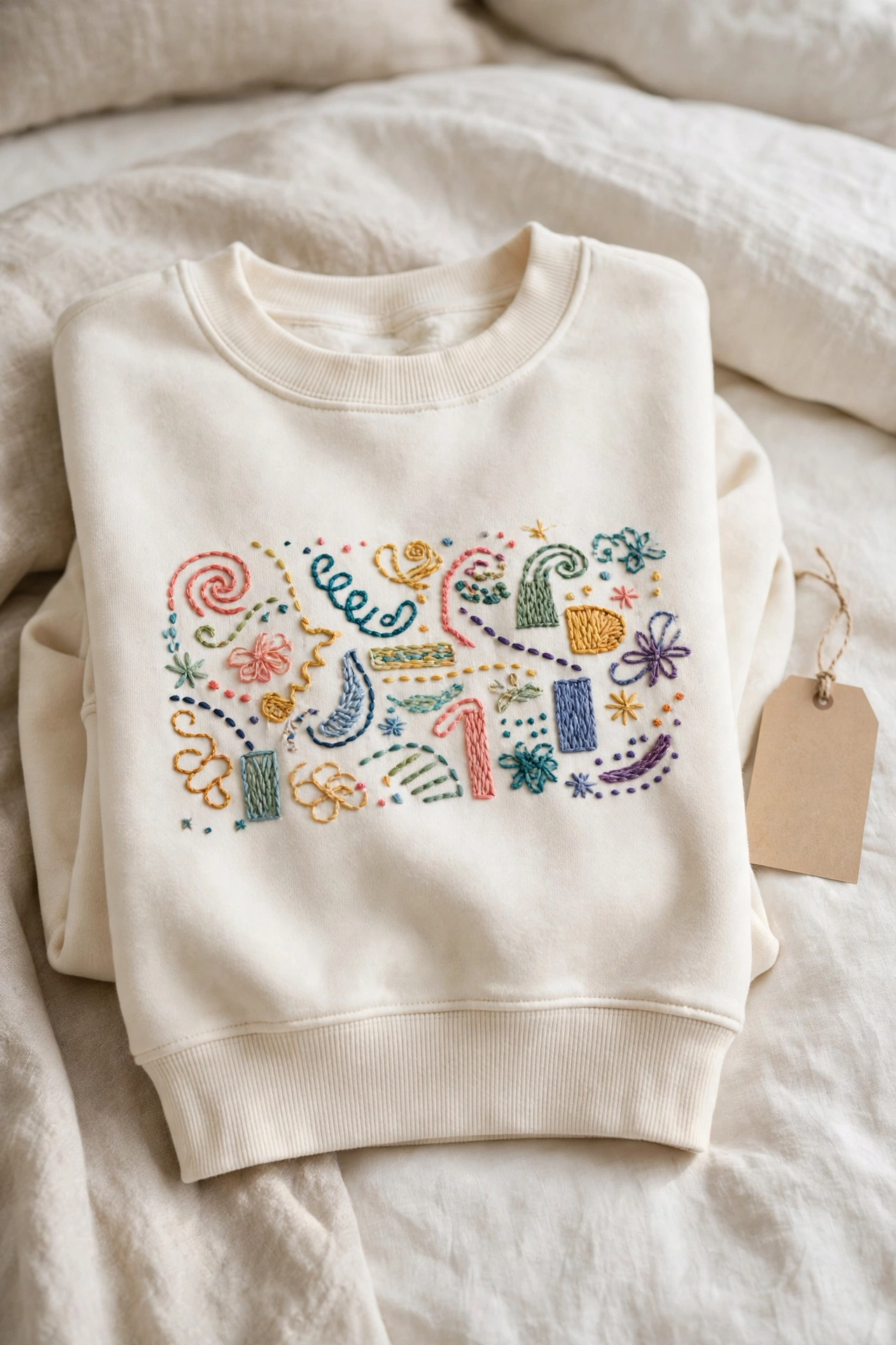 Cozy crewneck sweatshirt with colorful custom embroidery