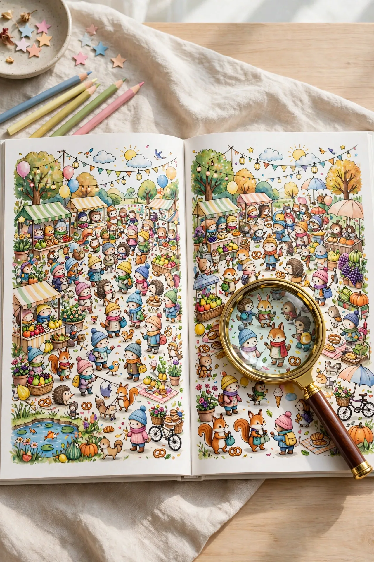 Search-and-find book open to a colorful illustrated crowd scene