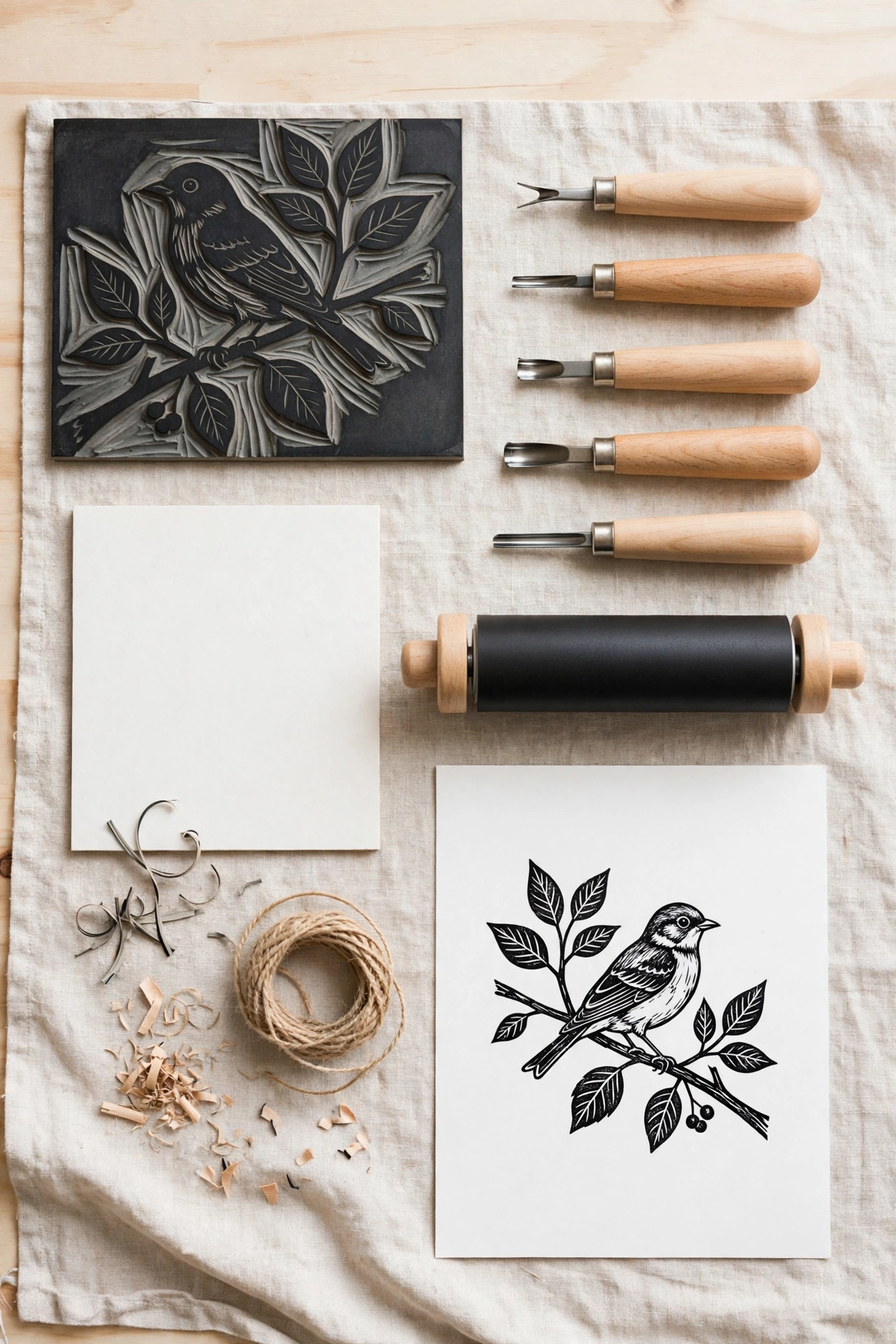 Linocut printmaking kit with carved block, tools and a finished print