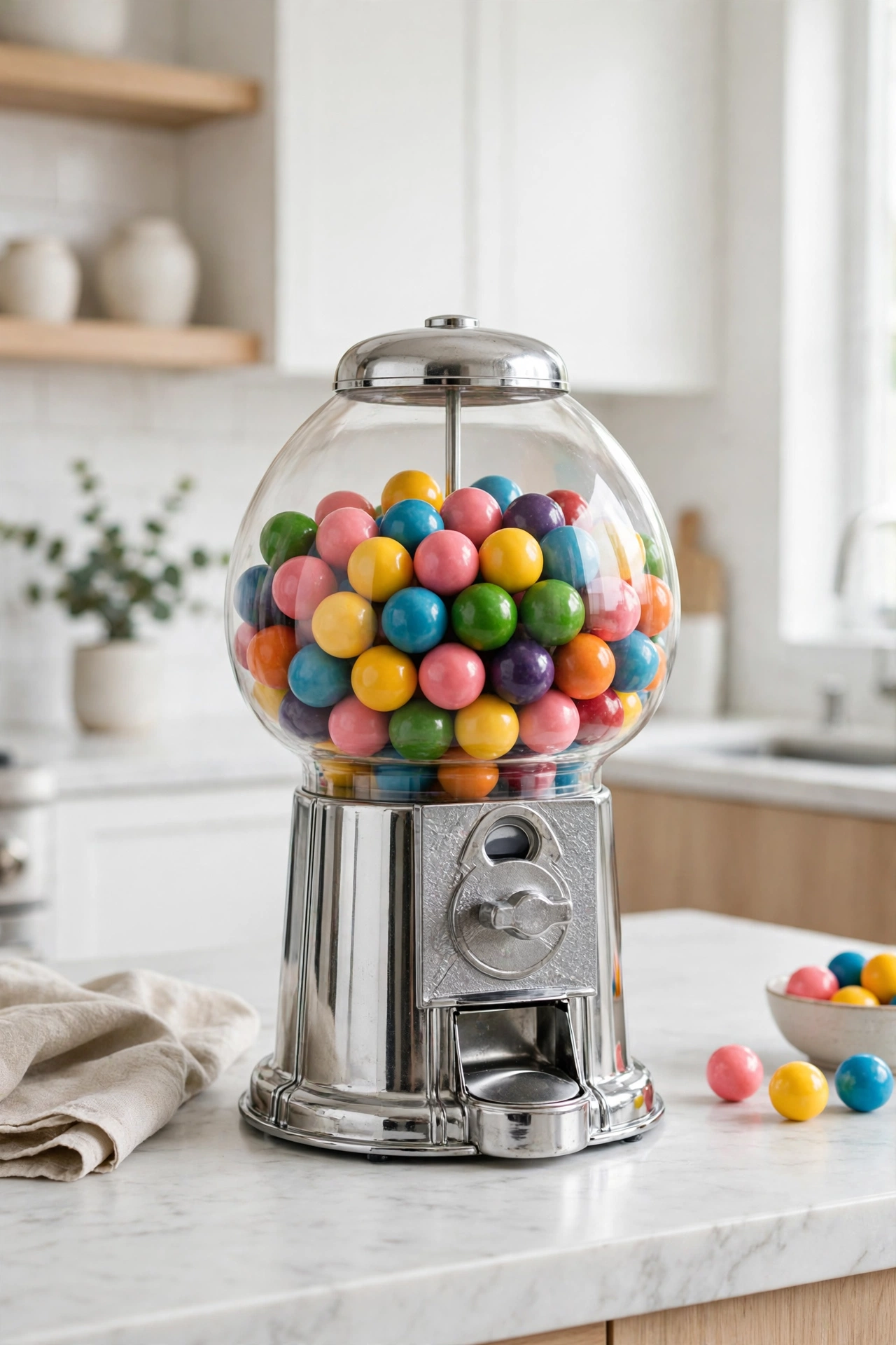 Retro mini gumball machine with glass globe on a kitchen counter