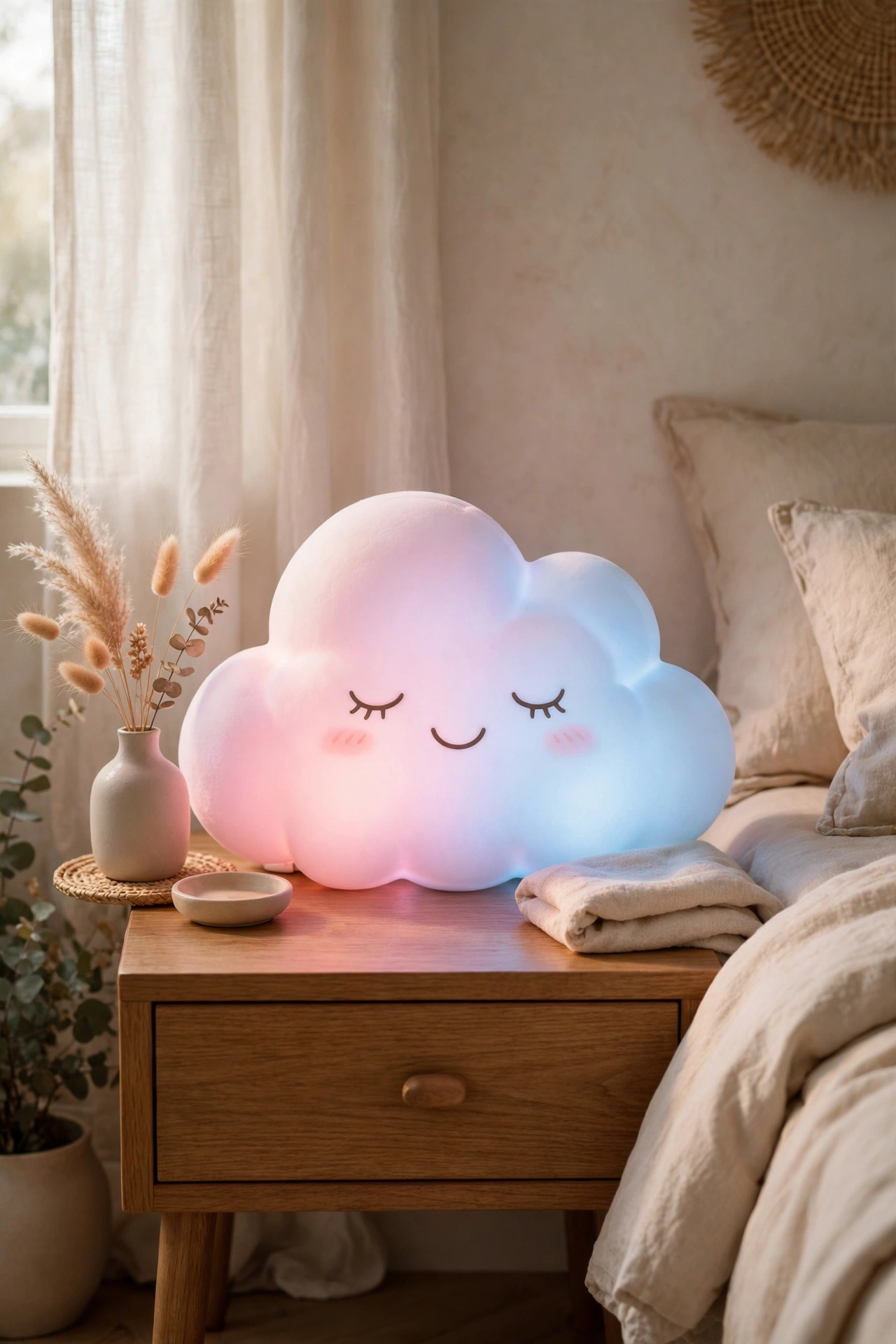 Soft cloud-shaped night light with a sleepy face glowing gently