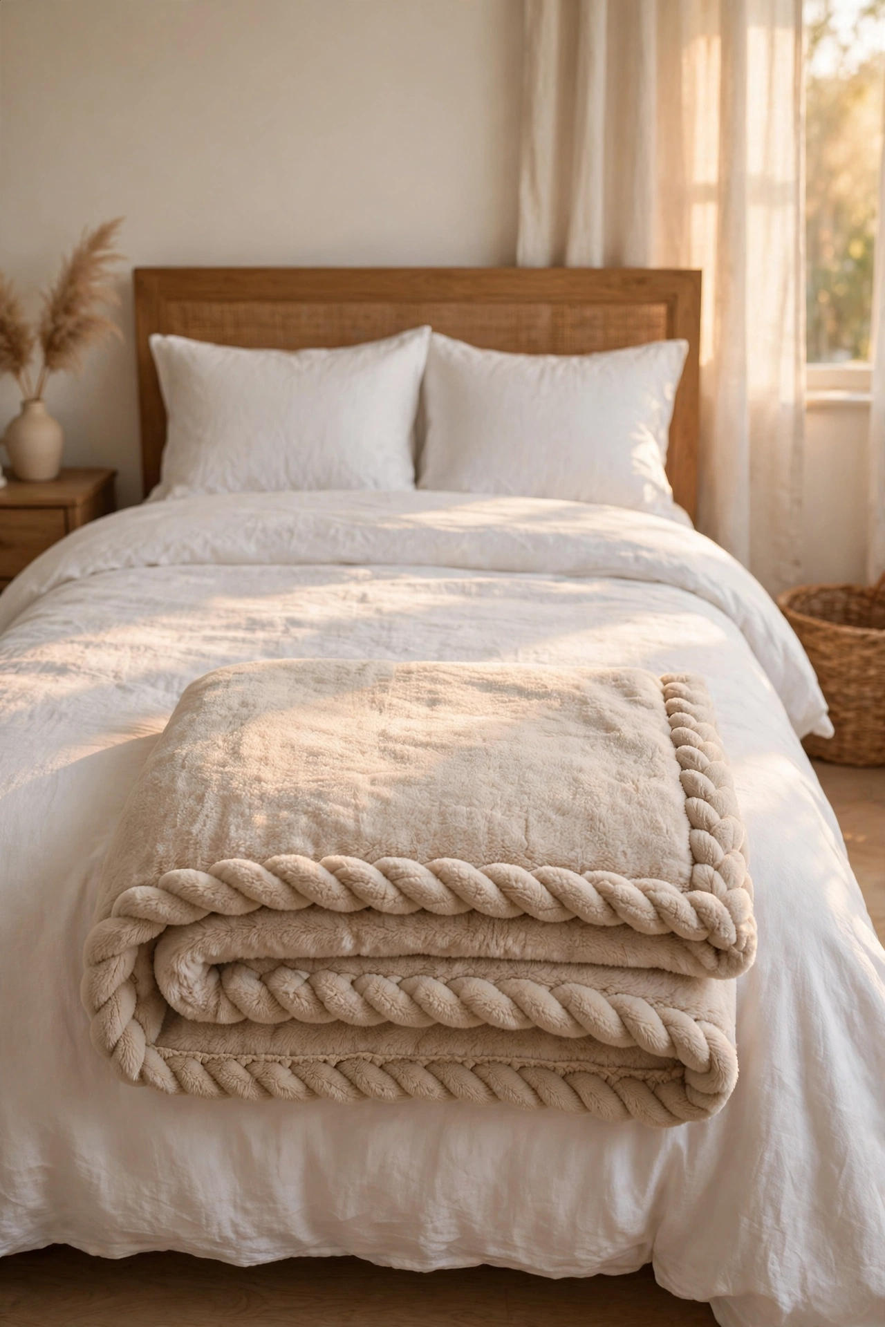 Plush reversible UGG throw blanket with braided edges on a bed