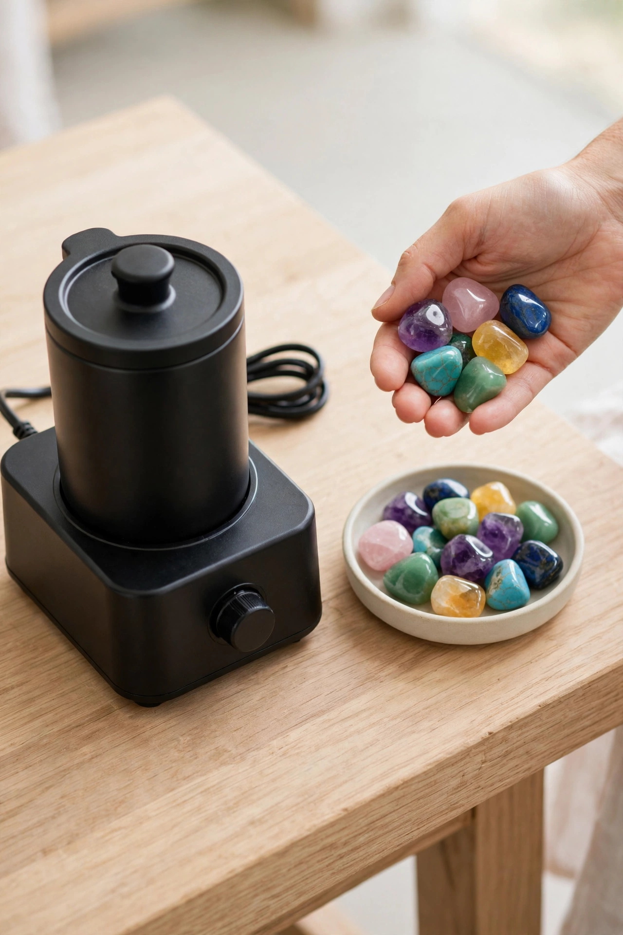 Rock tumbler machine with a handful of polished gemstones beside it