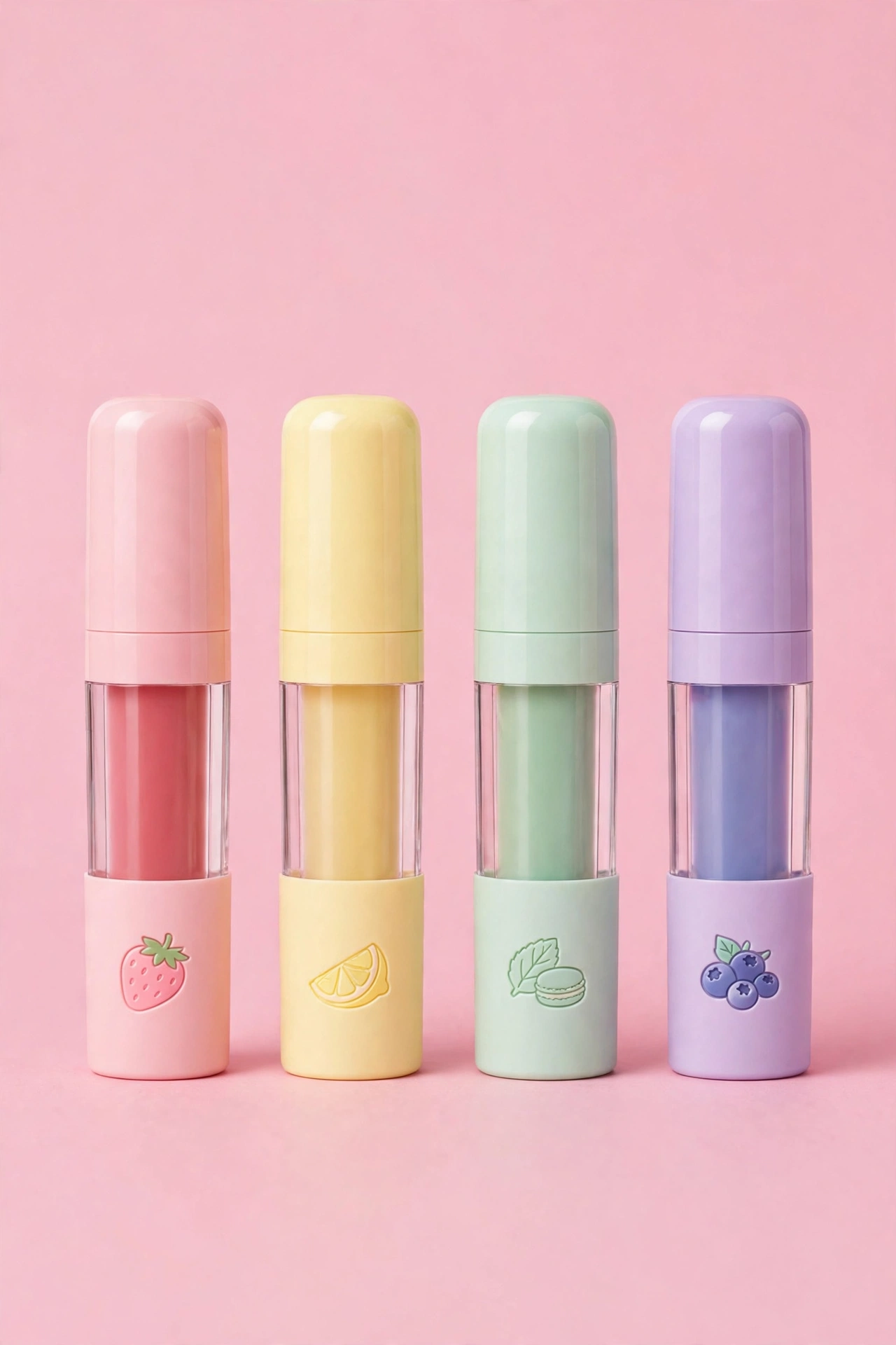 Set of mini lip gloss tubes in playful dessert-themed packaging