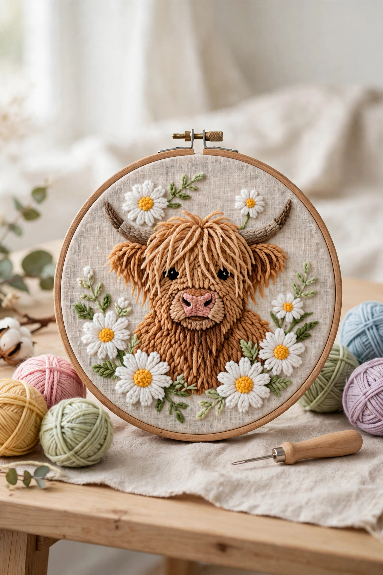 Punch needle embroidery hoop with a Highland cow and daisies design