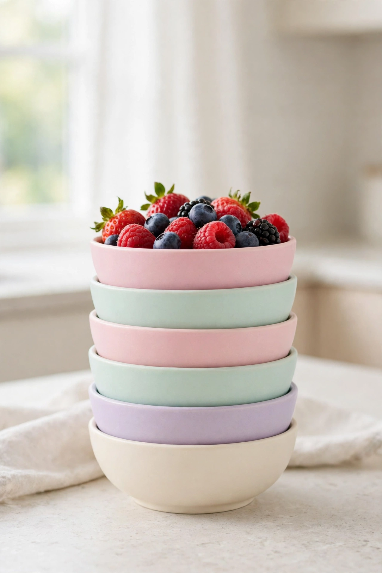 Stack of pastel ceramic bowls with berries in one bowl