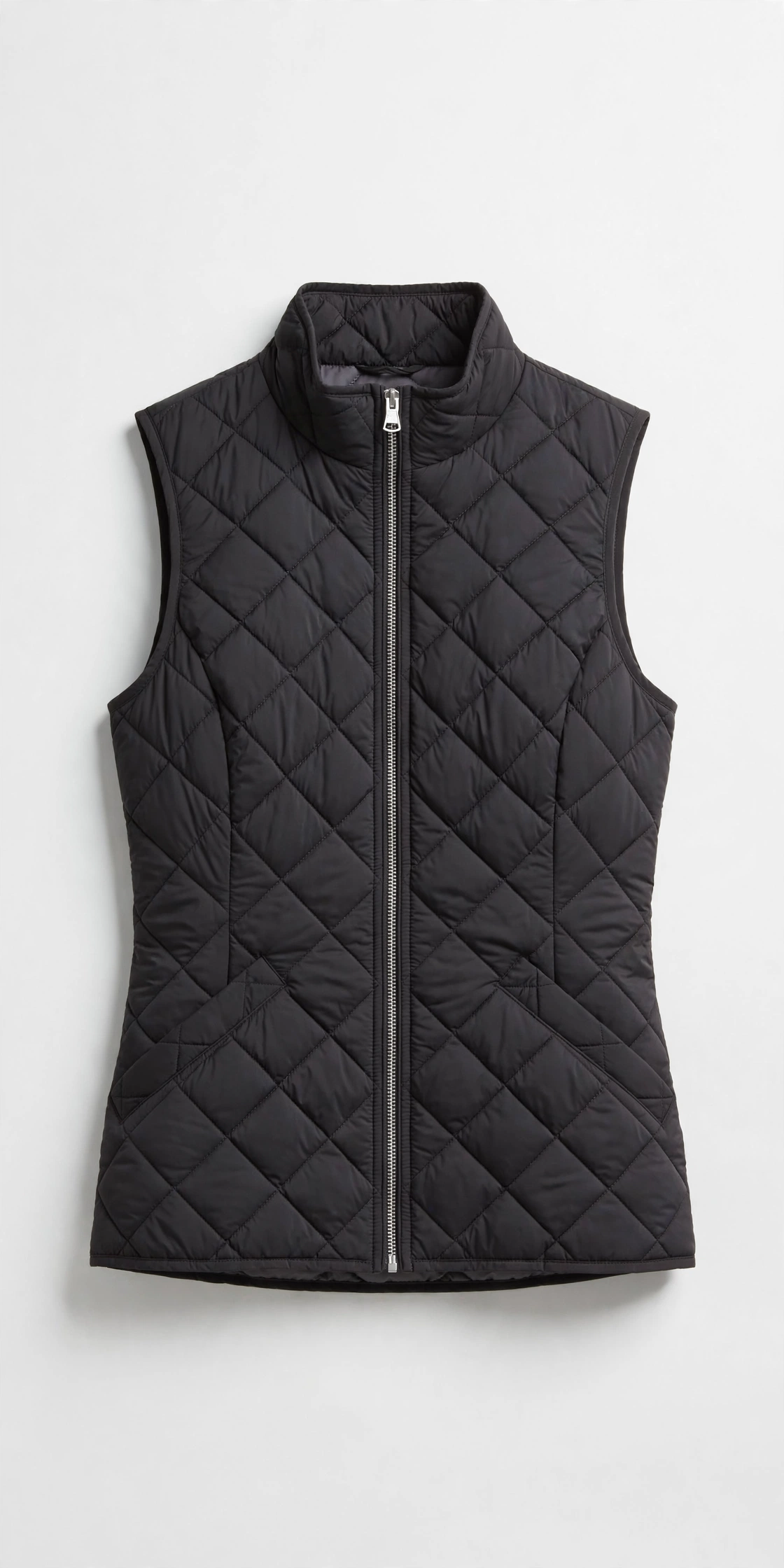 Black women's heated vest with a zip front and quilted panels, product photo on a light background