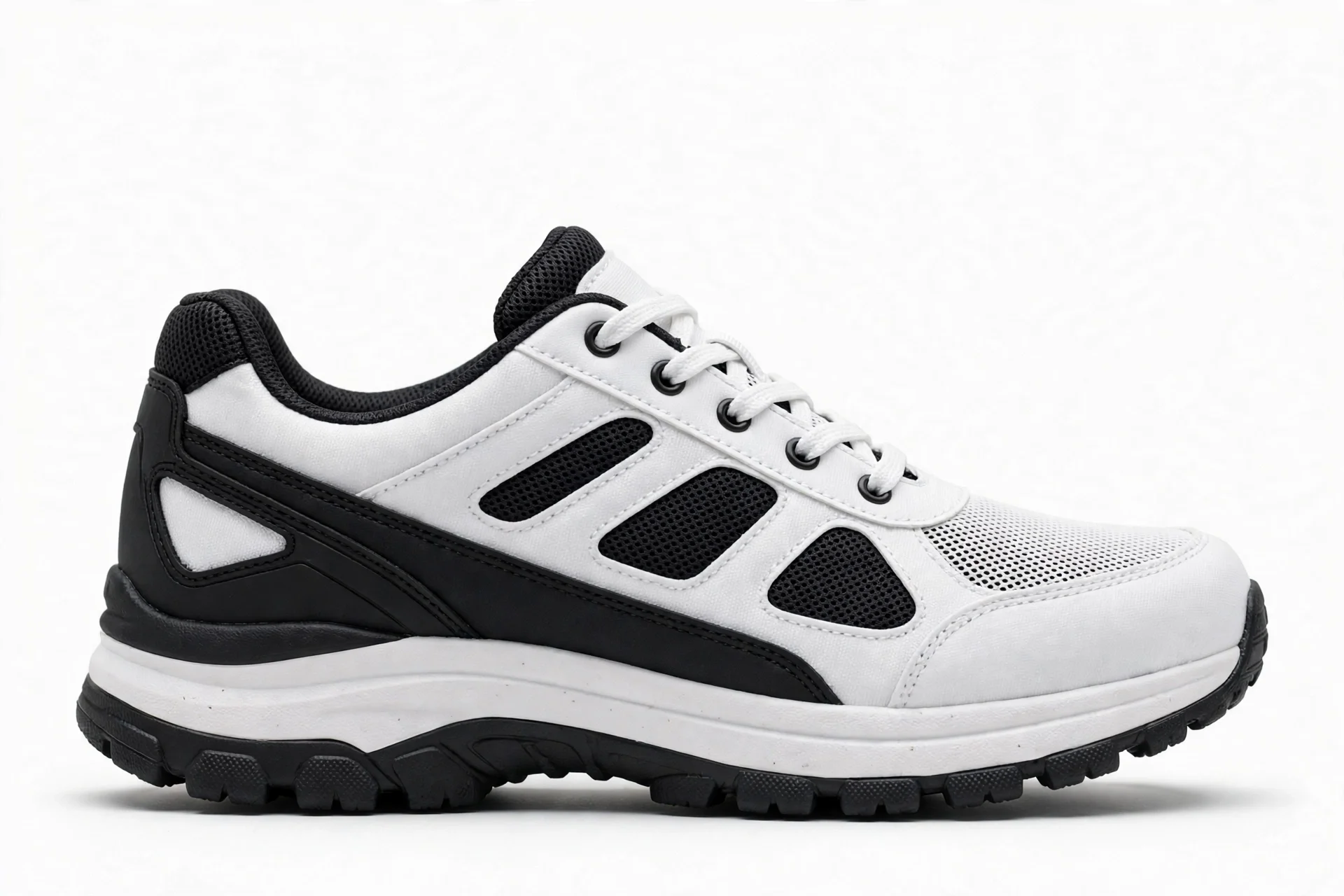 White and black walking shoe with a wide toe box and slightly tall heel