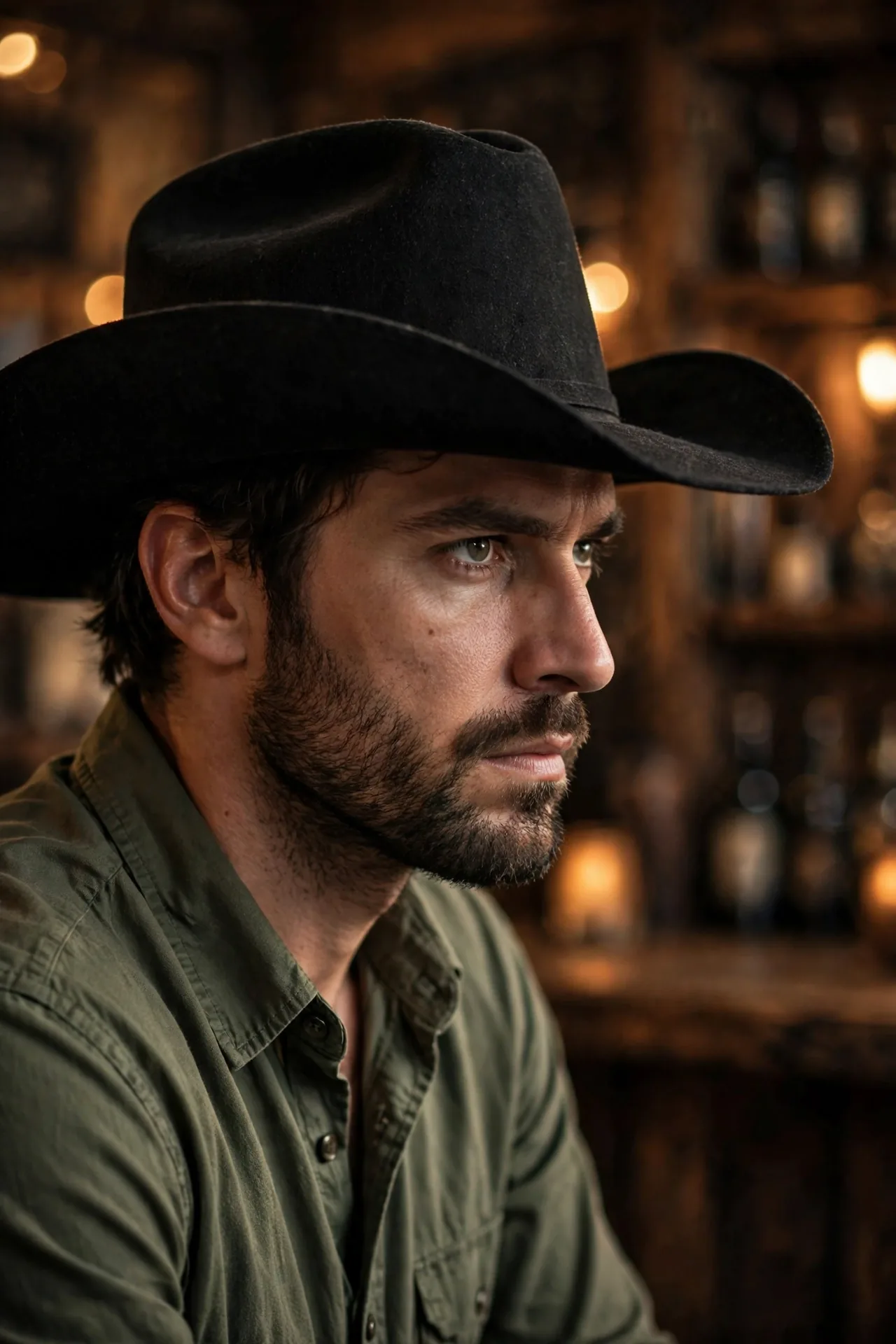 Luke Grimes in a black cowboy hat and olive-green shirt