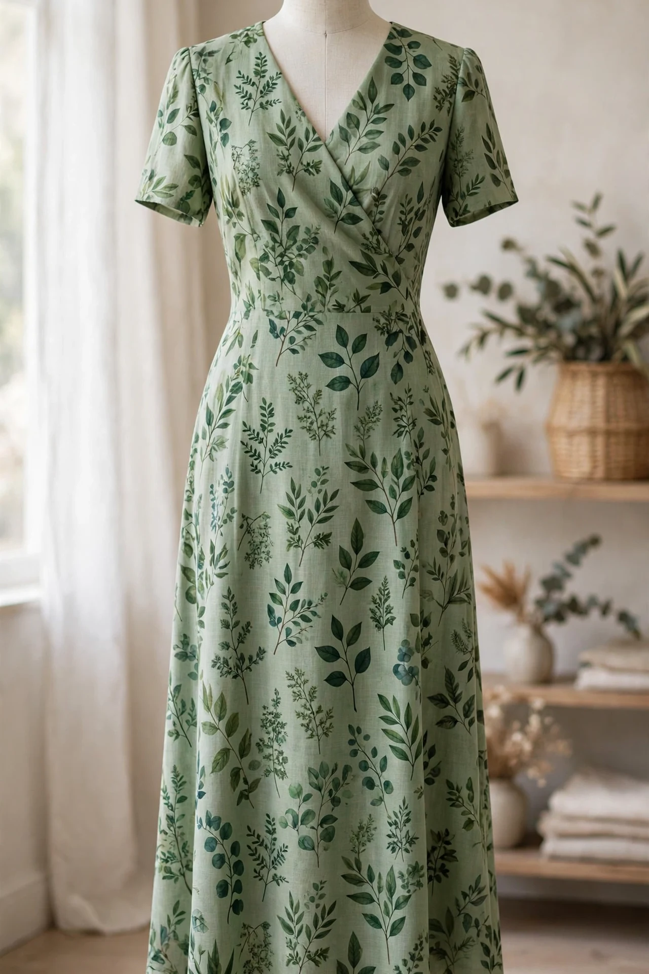 A Green Patterned Dress With Short Sleeves