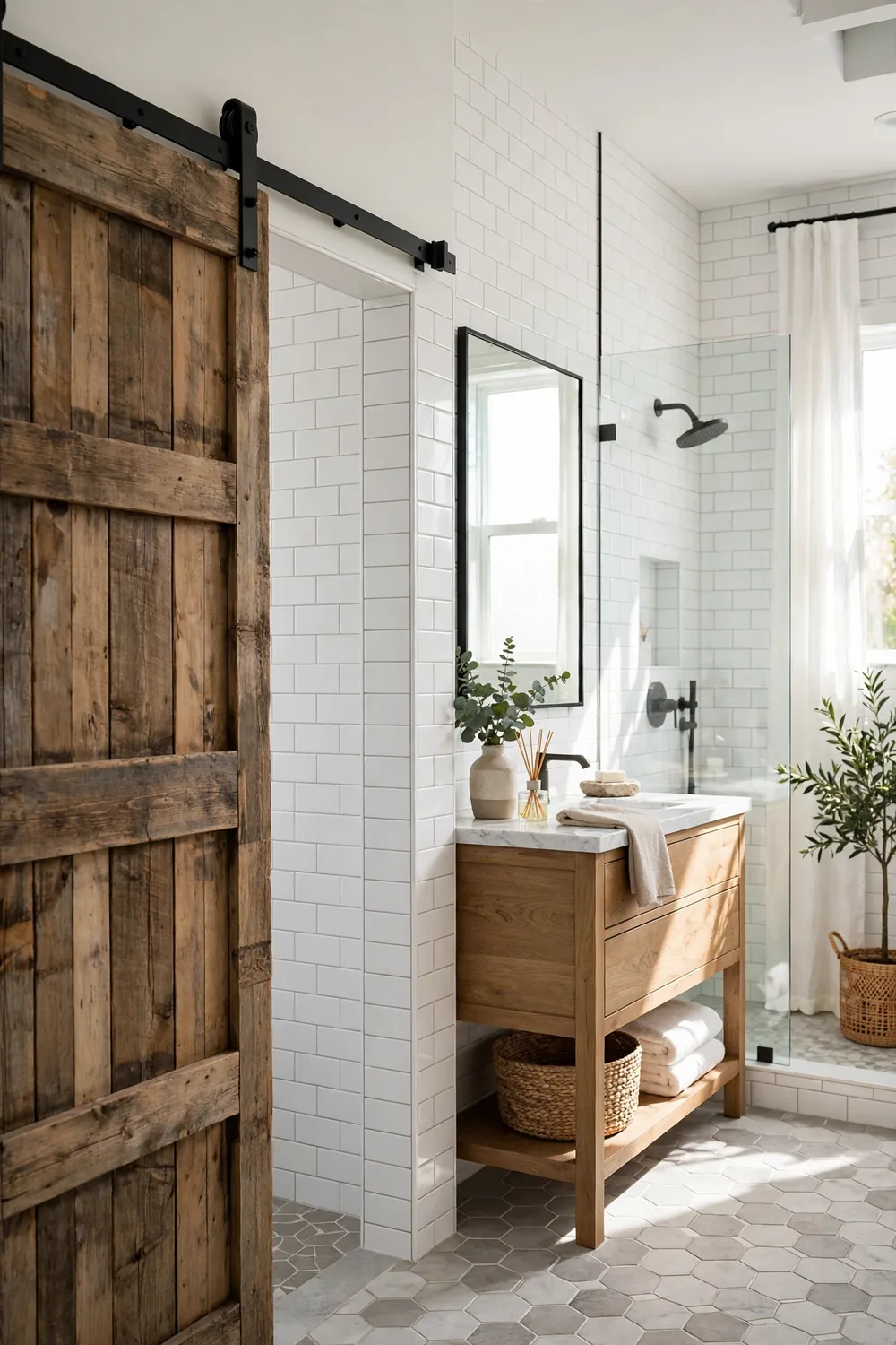 A bathroom with a wooden sliding barn-style door on a black metal rail