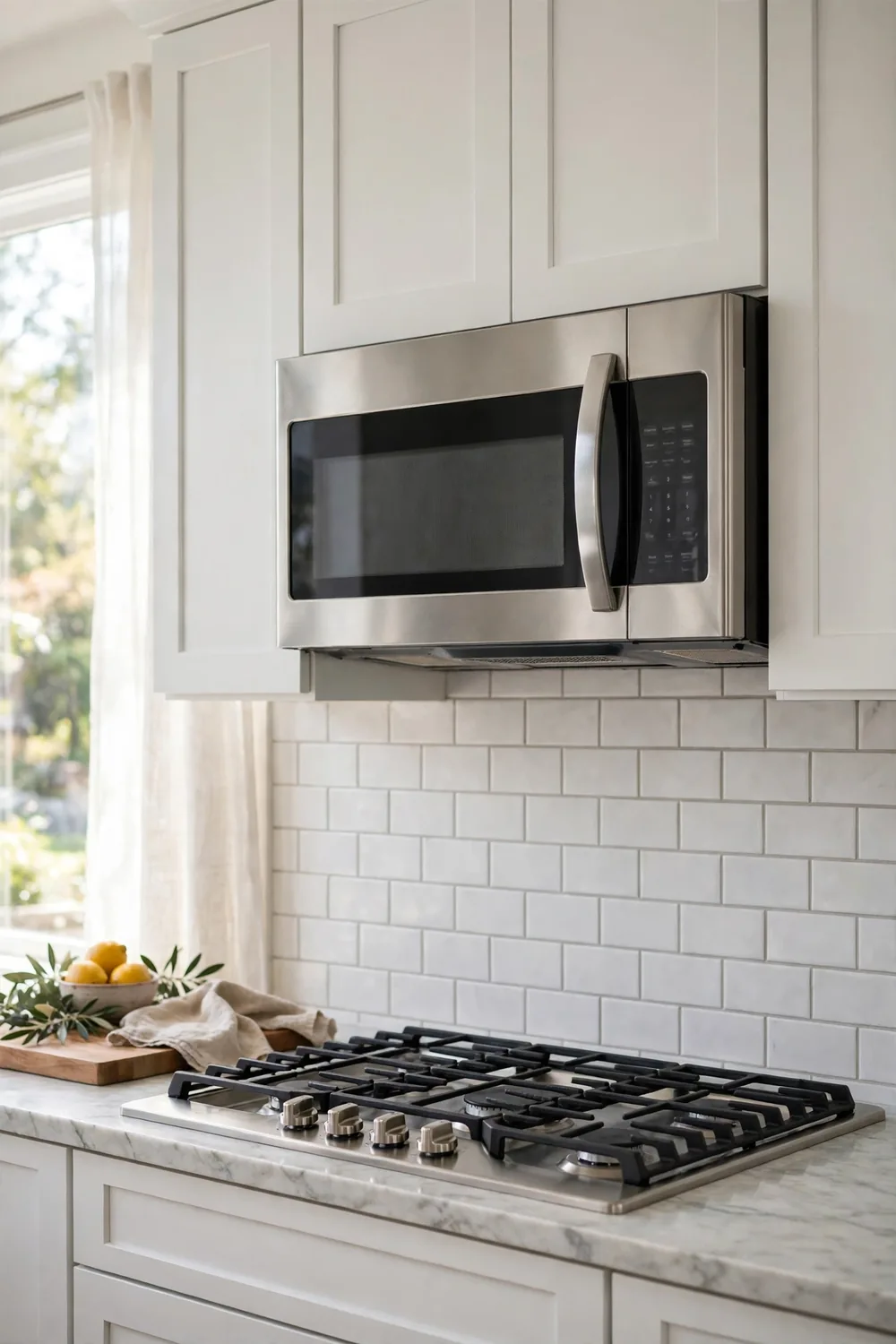 A stainless steel microwave mounted above a stove in a modern kitchen