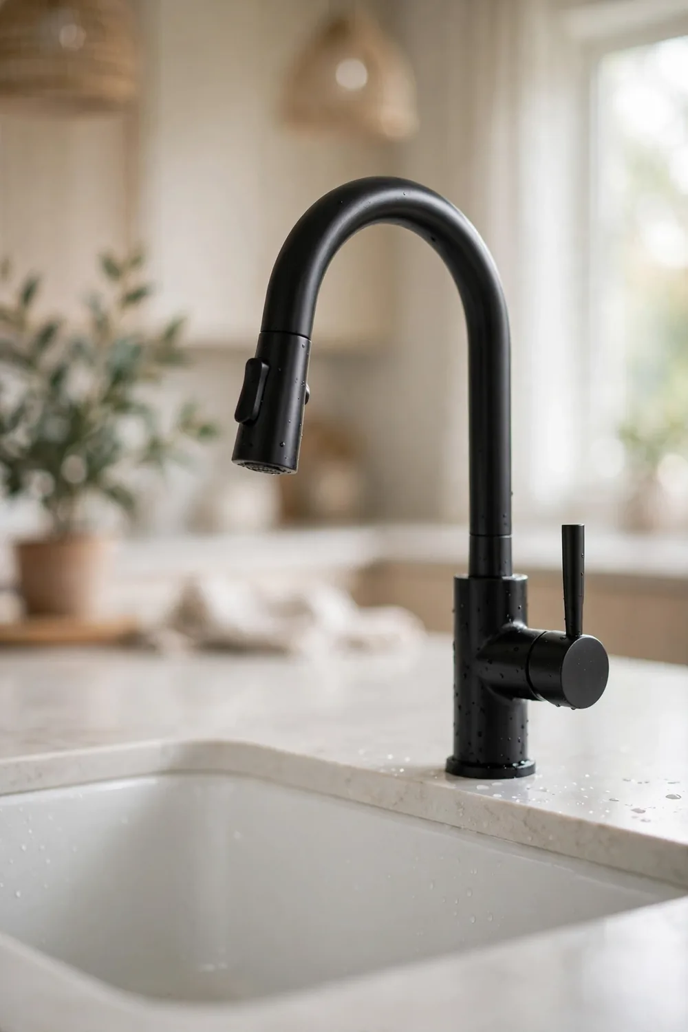 A matte black faucet over a white kitchen sink