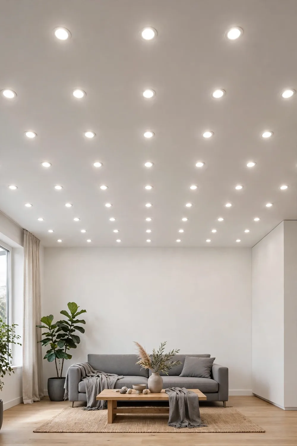 A living room ceiling filled with recessed pot lights