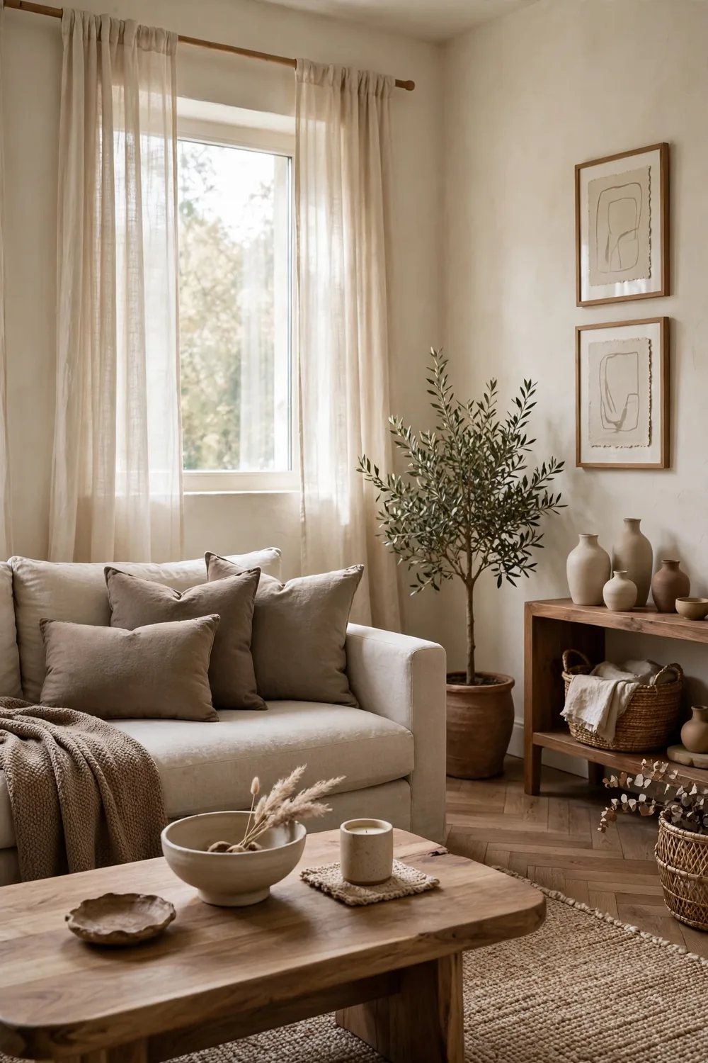A living room decorated entirely in beige and brown neutral tones