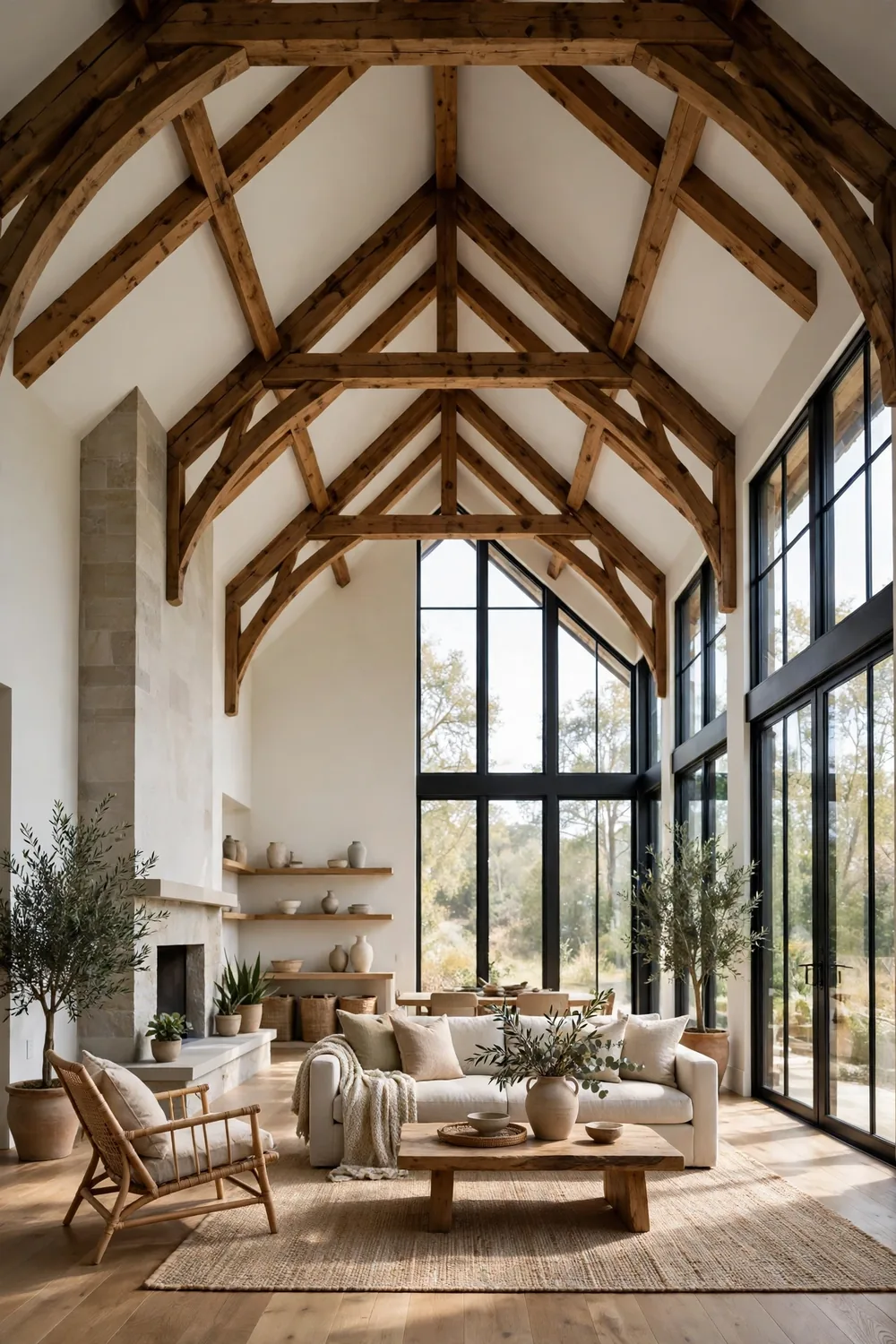 A living room with a tall vaulted ceiling and exposed beams