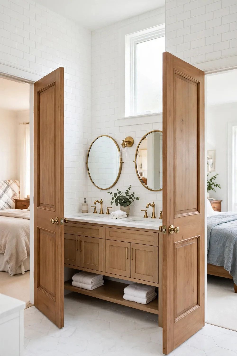 A shared Jack-and-Jill bathroom with two doors and a double vanity