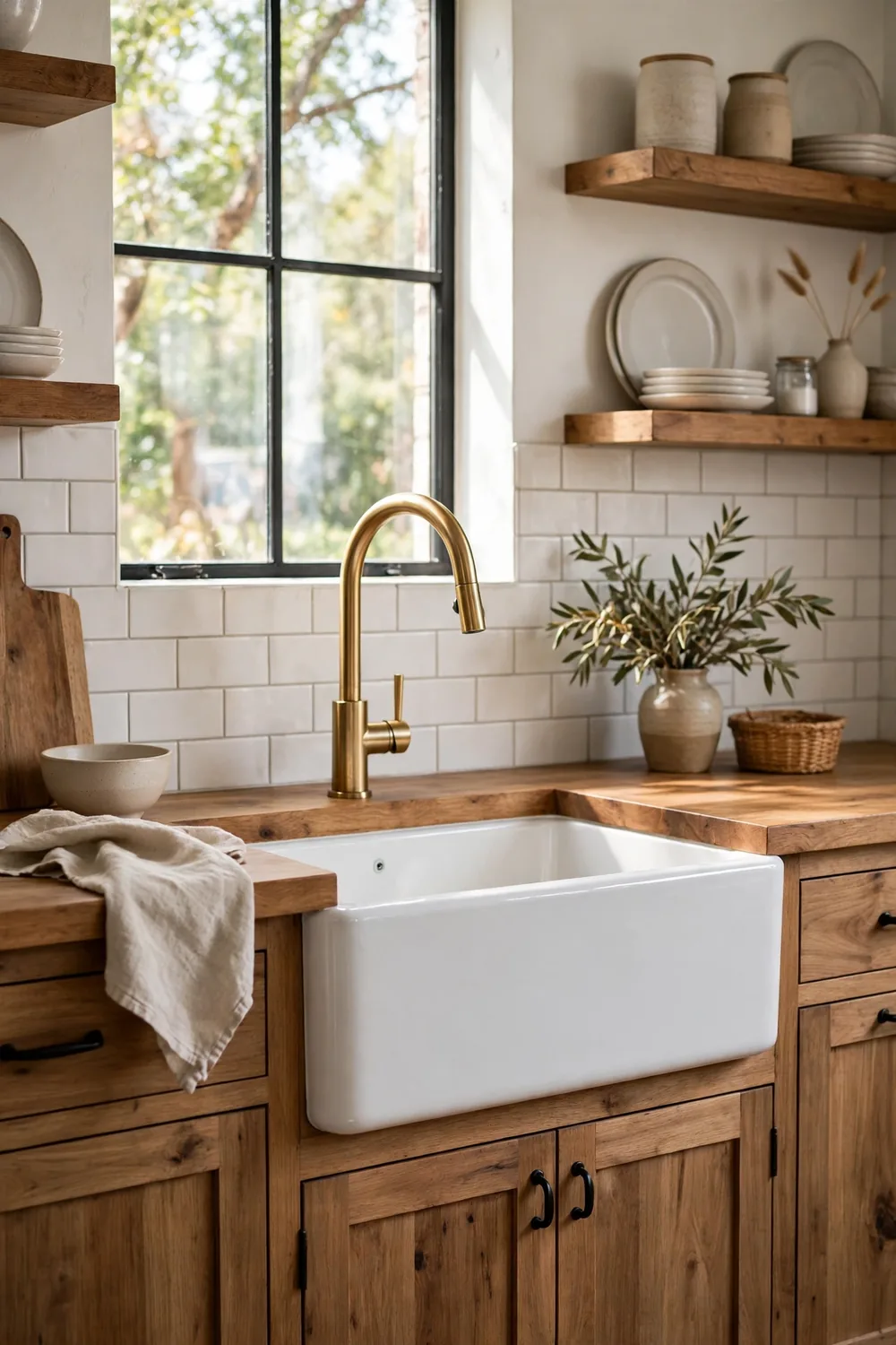 A white apron-front farmhouse sink in a modern kitchen