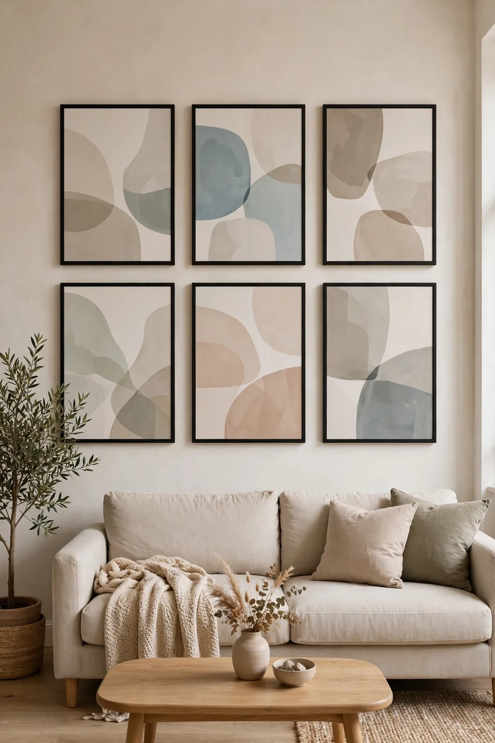 Matching generic abstract art prints in identical frames above a sofa