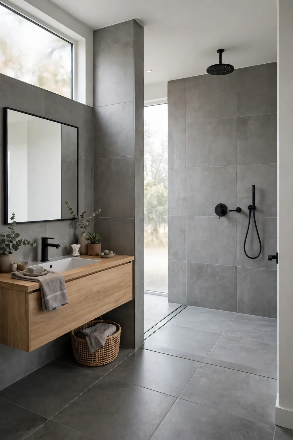 A doorless walk-in shower with gray tiles in a modern bathroom