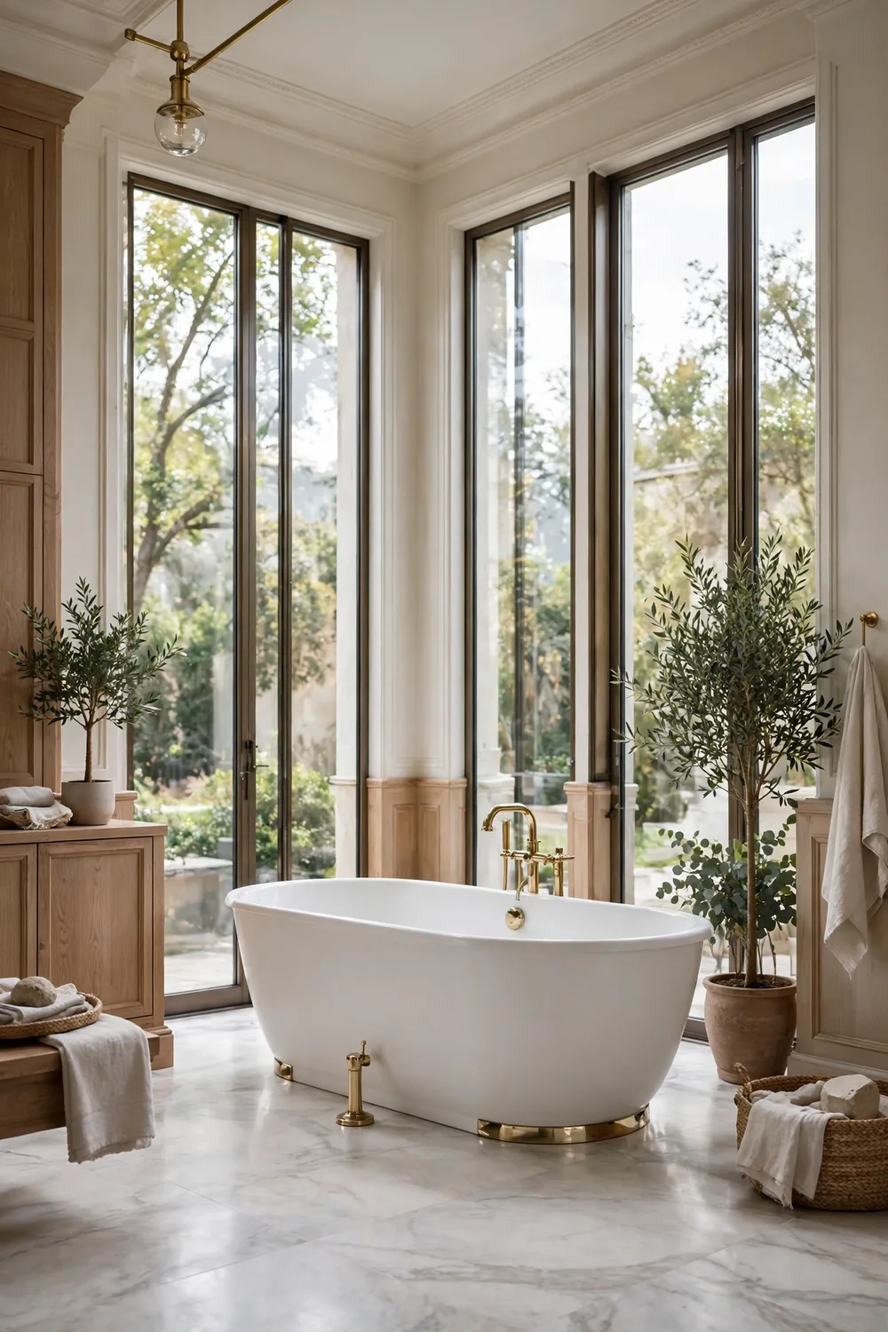 A freestanding oval bathtub in the center of a spacious bathroom