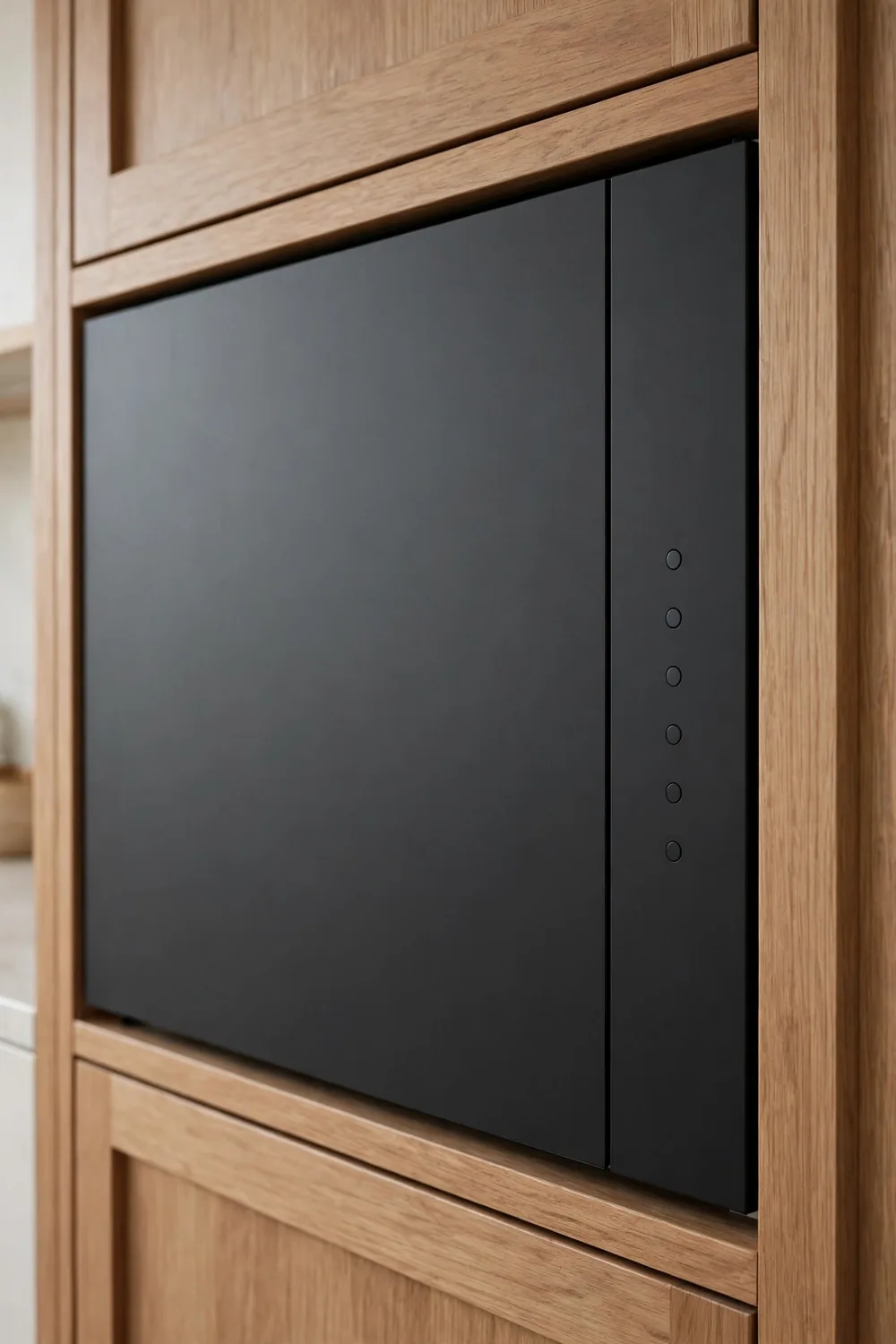 A sleek microwave with a flat push-button door and no handle