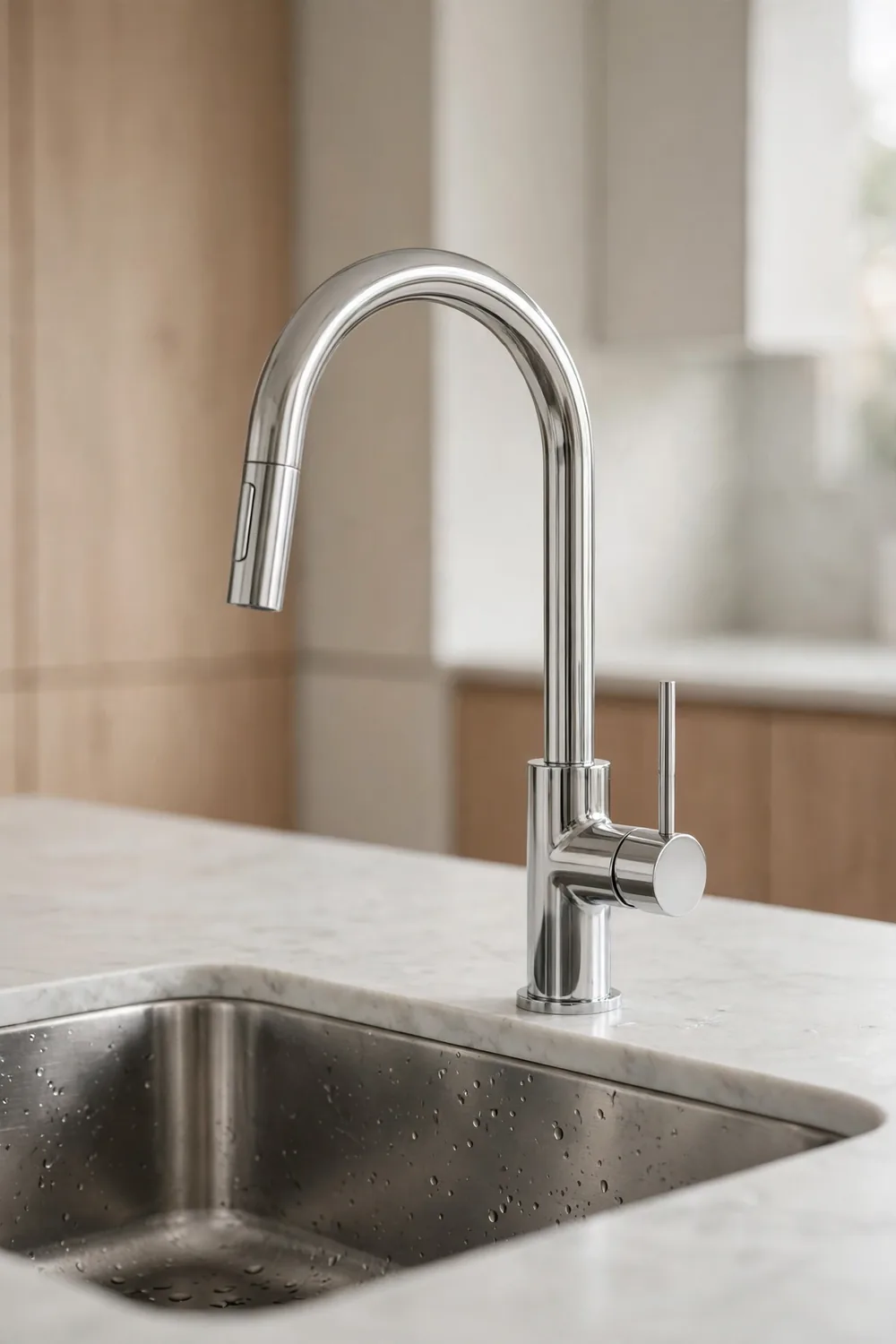 A minimalist vertical kitchen faucet with no hot or cold markings