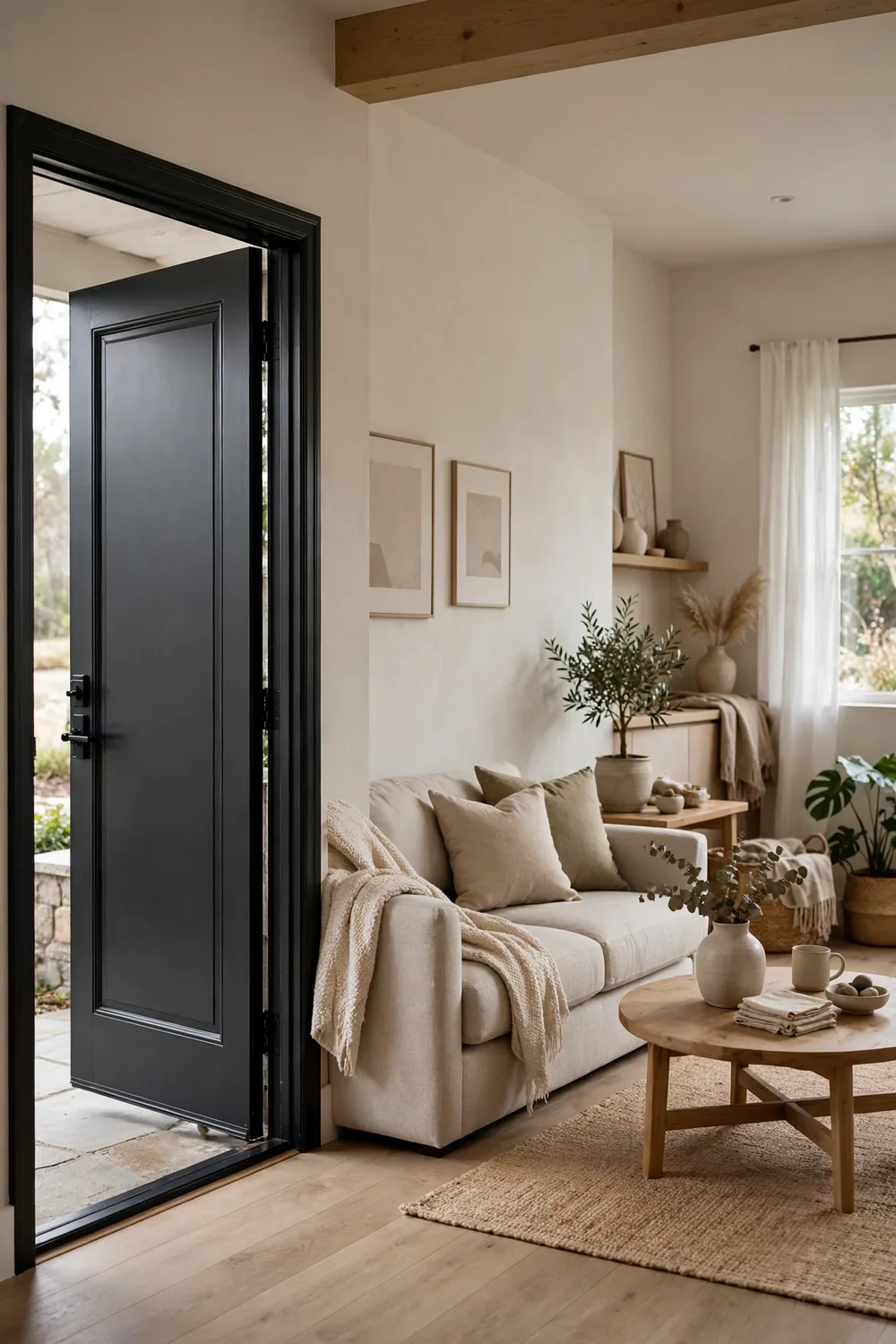 A front door opening directly into a living room with a sofa beside it