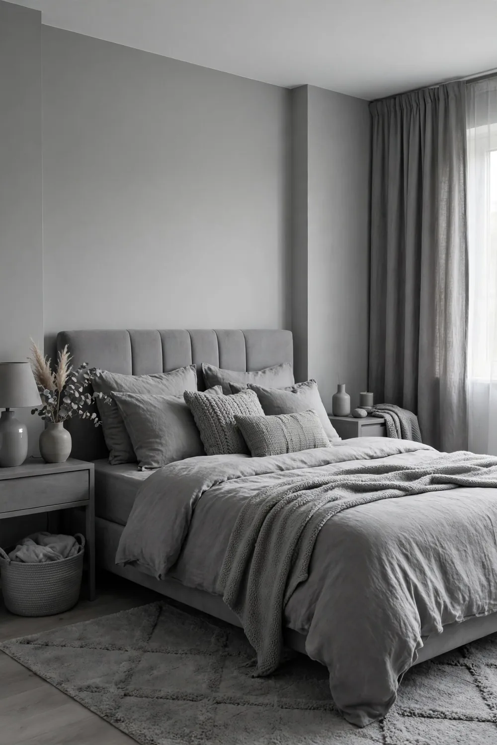 A bedroom decorated entirely in shades of gray