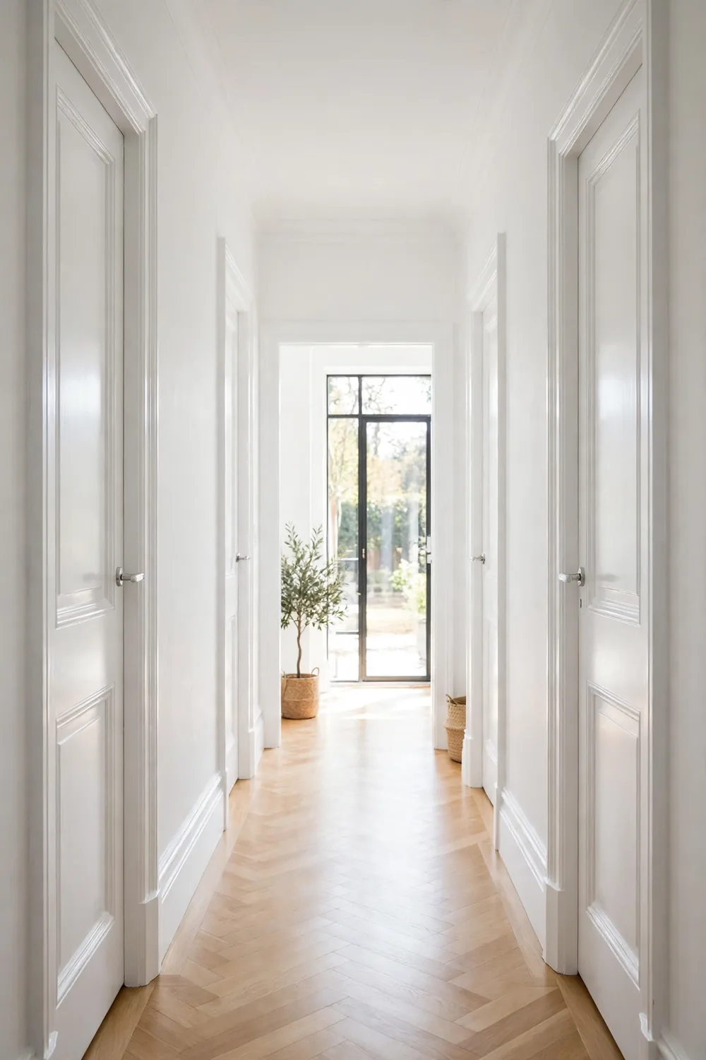 A bright hallway with white doors and white trim