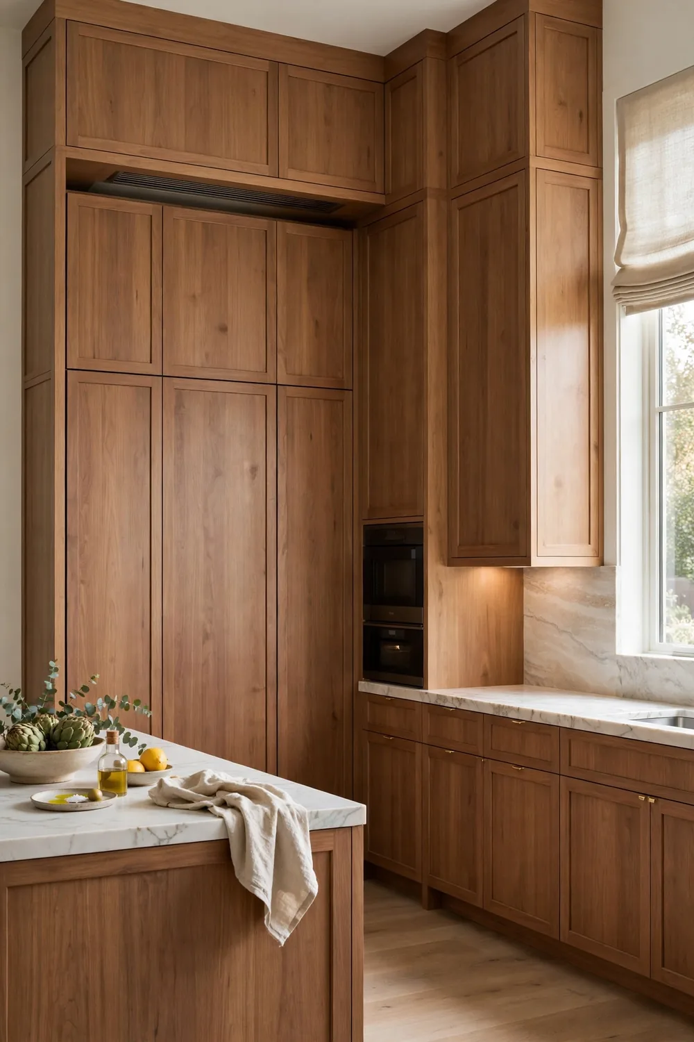 A kitchen with a fridge hidden behind panels matching the cabinets