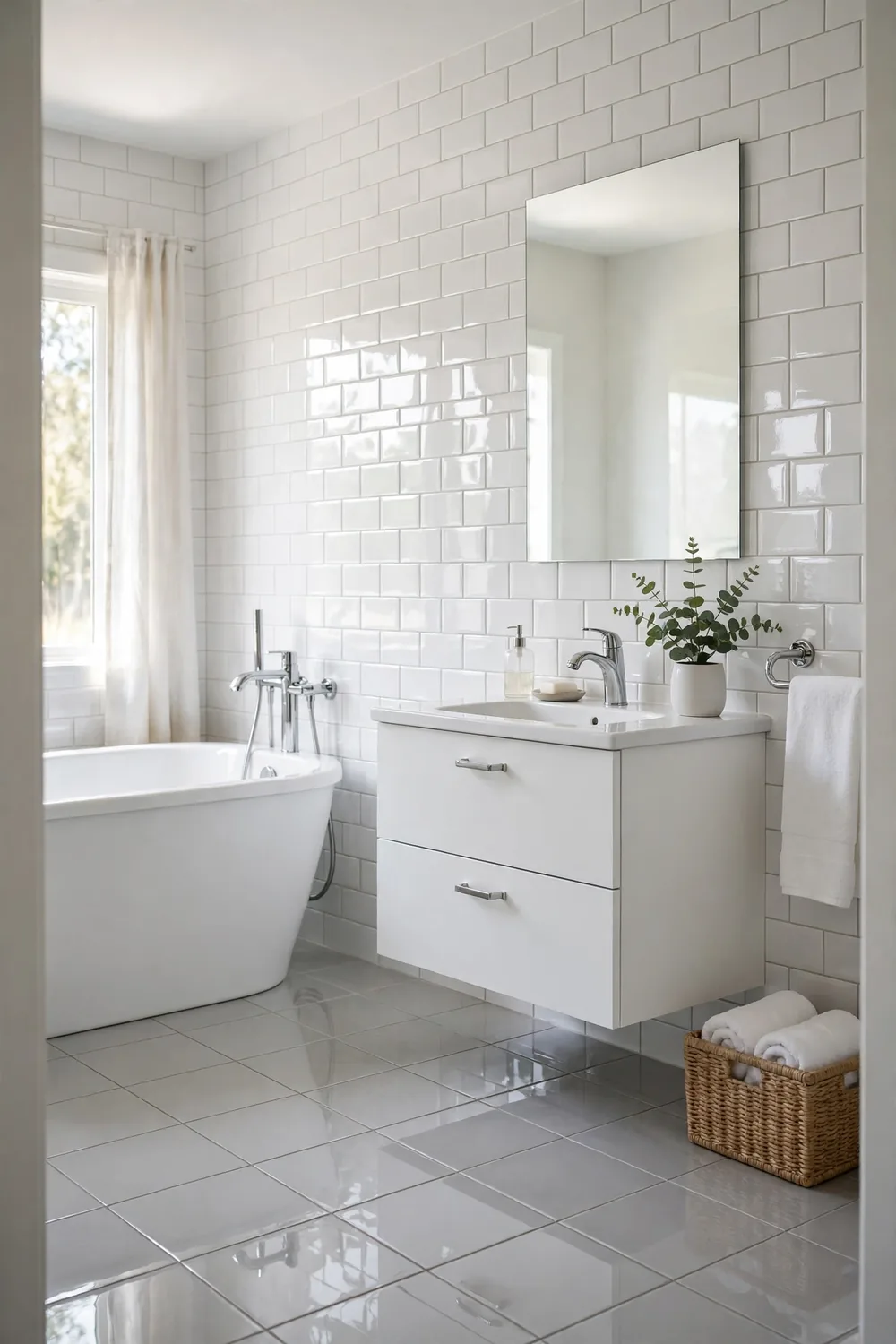 A bathroom with a glossy ceramic tile floor