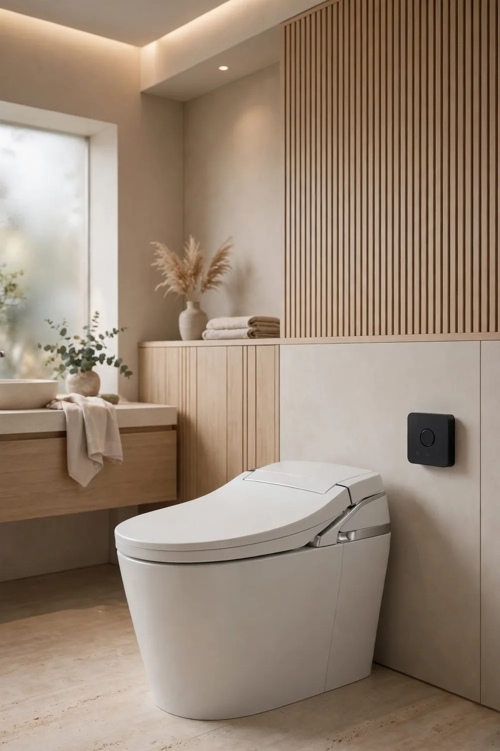 A modern smart toilet with an electronic bidet seat
