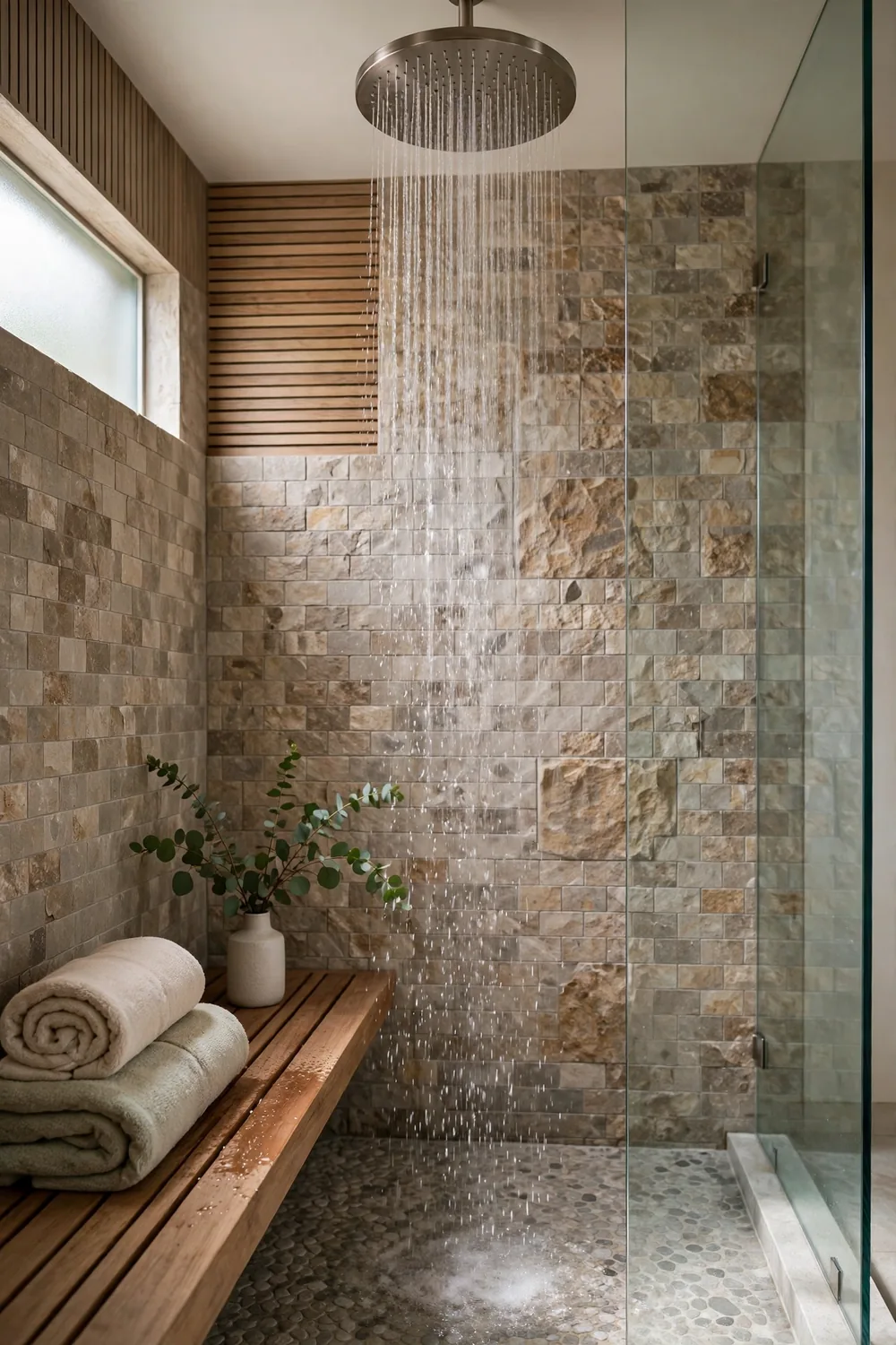 A large rainfall shower head in a modern tiled shower