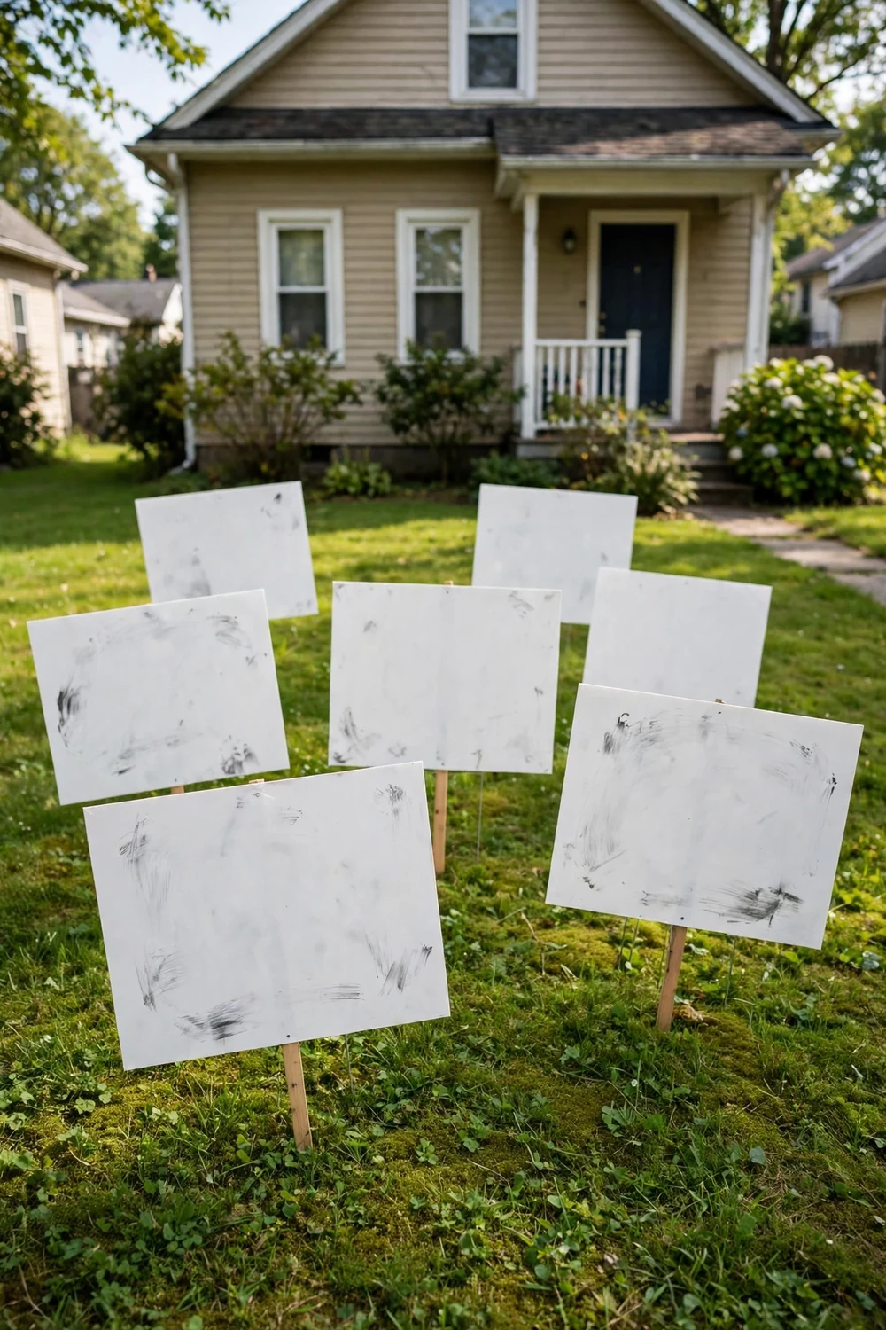 Hand-lettered campaign signs on a suburban lawn