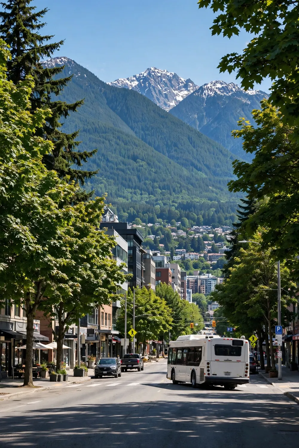 A city bus on a tree-lined street in a Canadian city