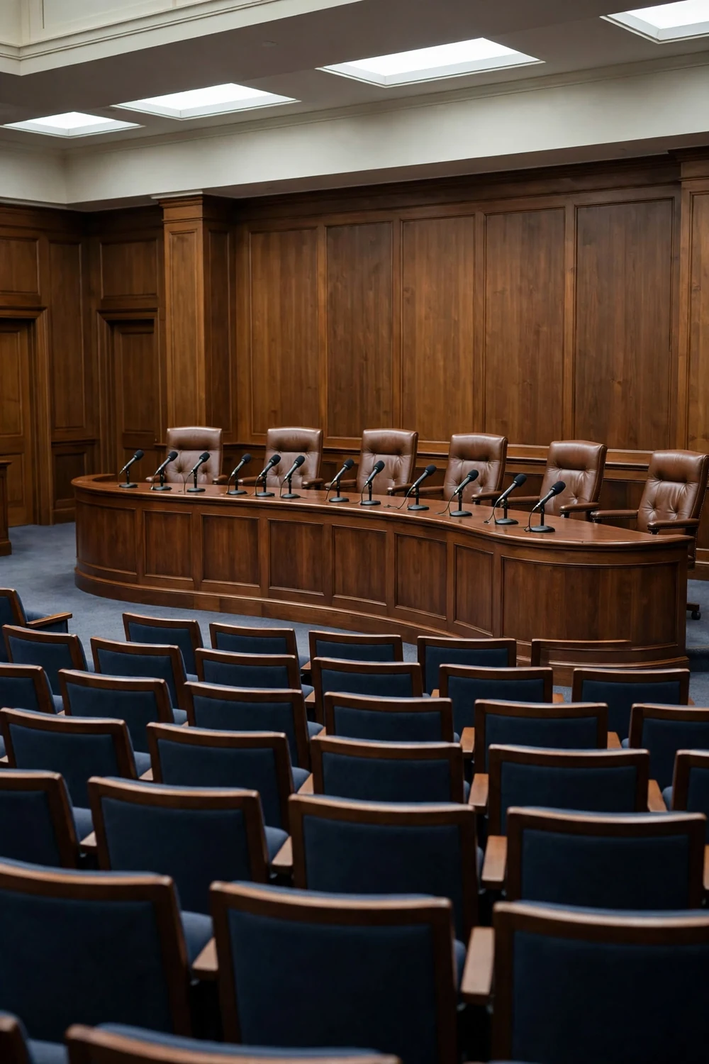 A city council chamber with rows of seats and a dais
