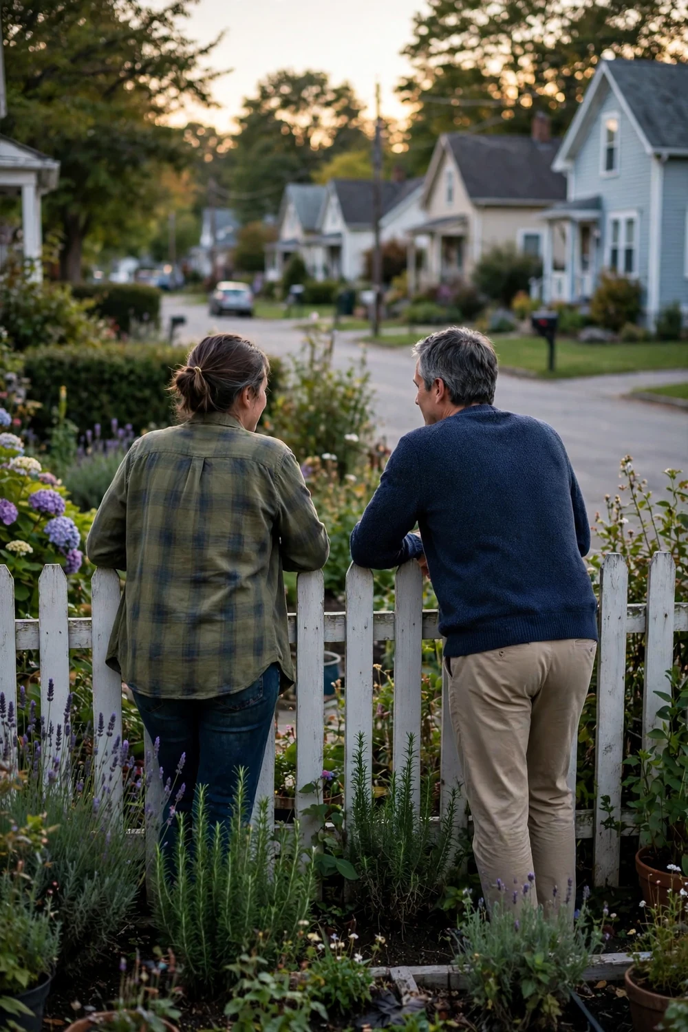 Neighbours chatting over a garden fence in evening light