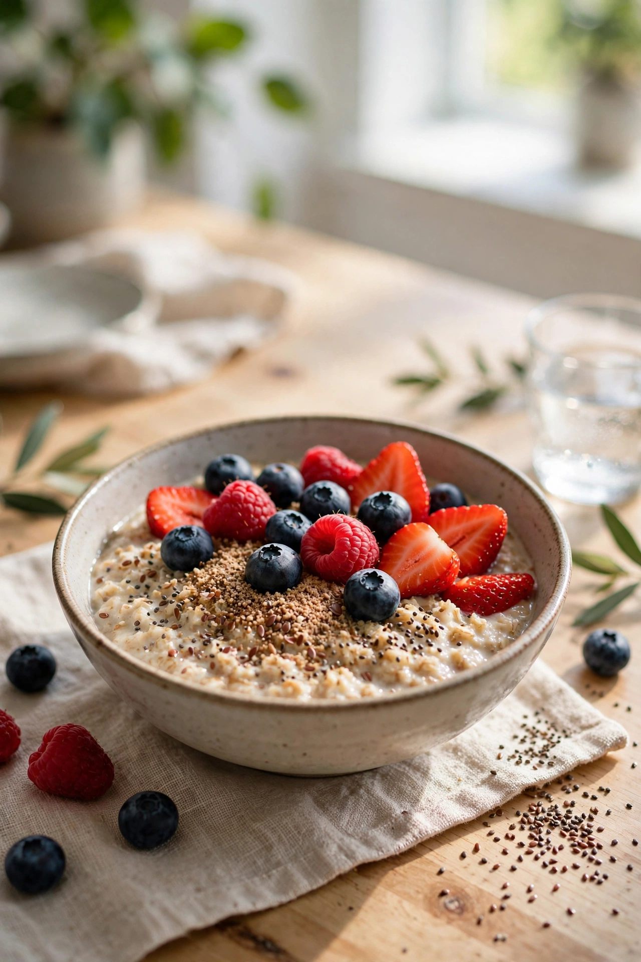Bowl of oatmeal topped with berries, flaxseed and chia seeds