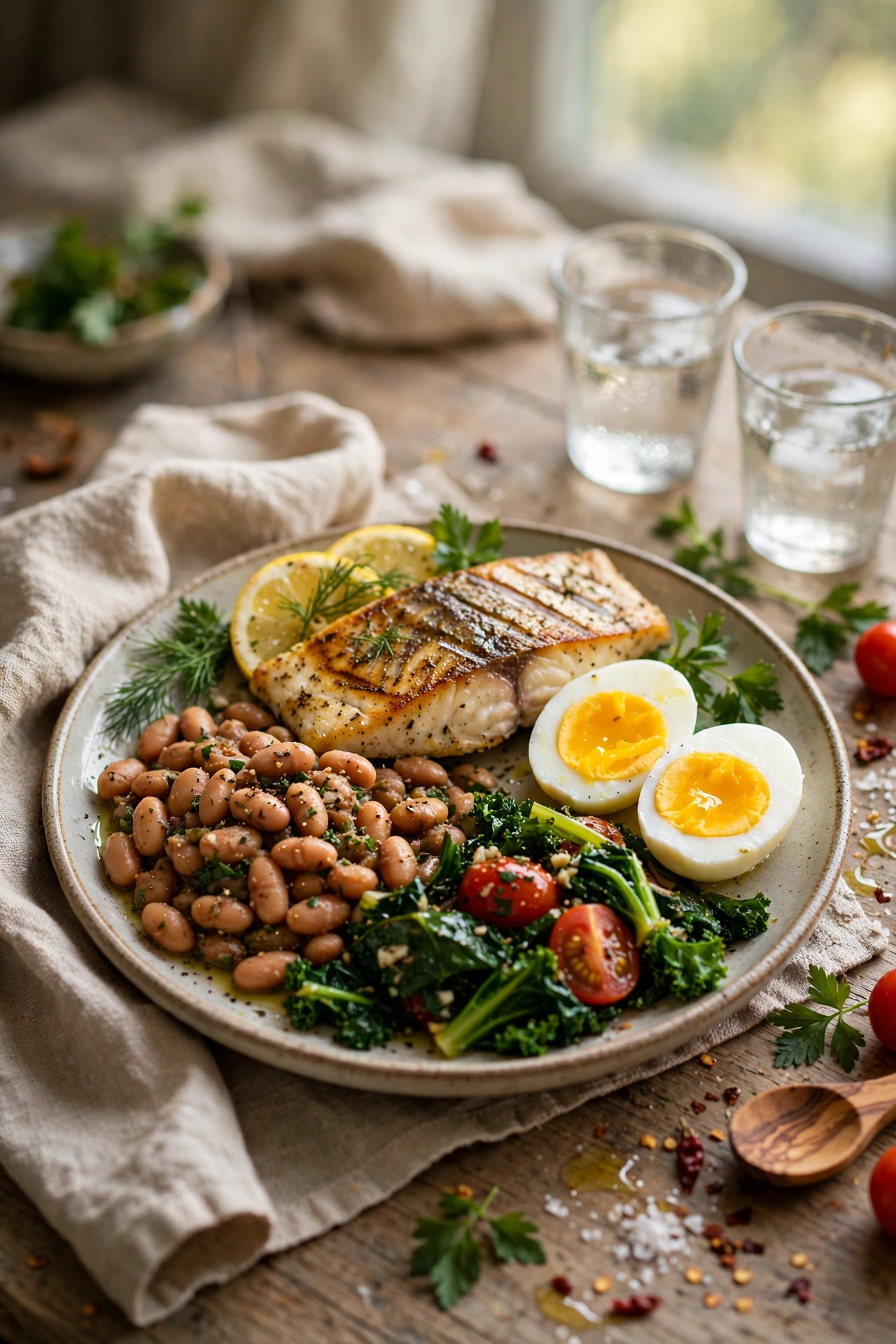 Balanced protein-rich plate with fish, eggs and greens