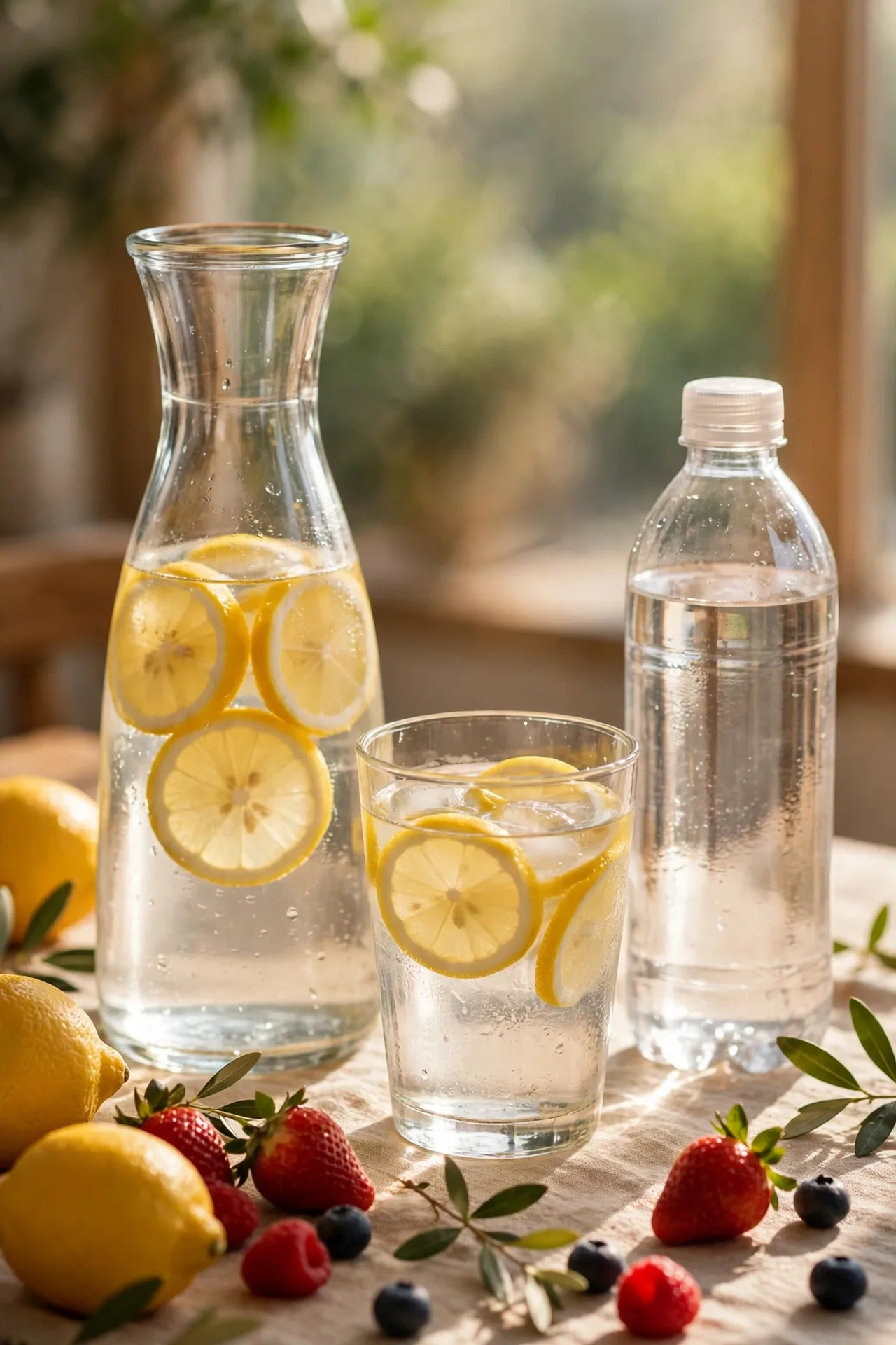 Glass carafe and glass of water with lemon and fresh fruit