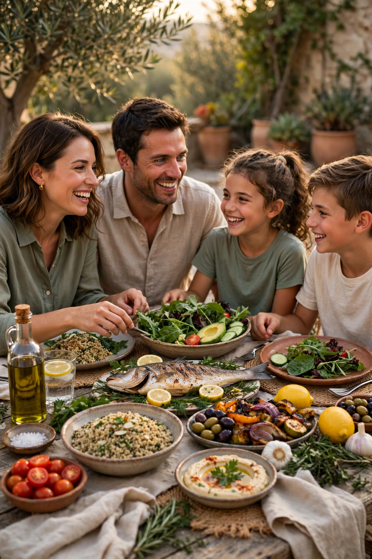 Mediterranean table with vegetables, whole grains, olive oil and fish