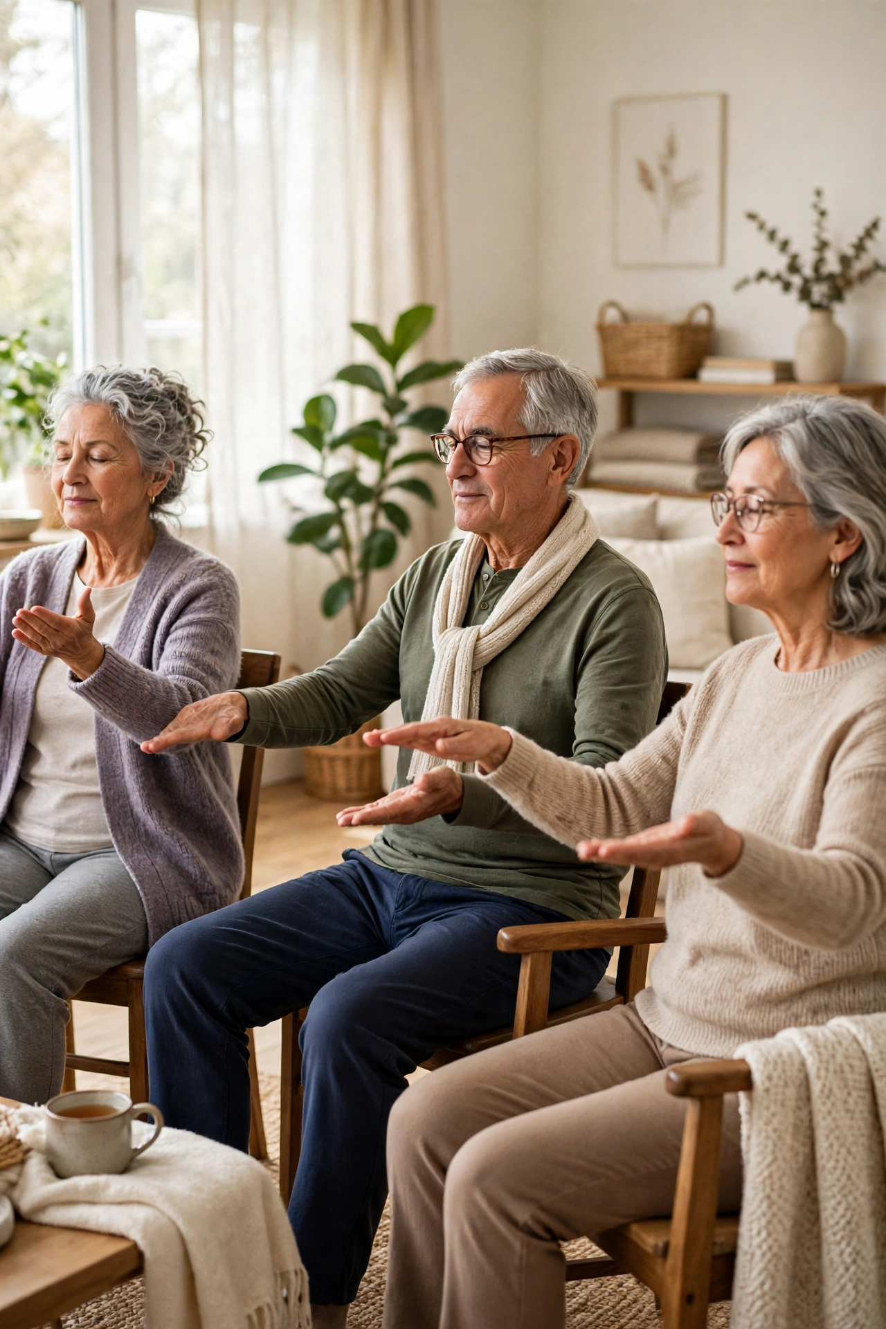 Older adults doing gentle chair yoga in a bright room